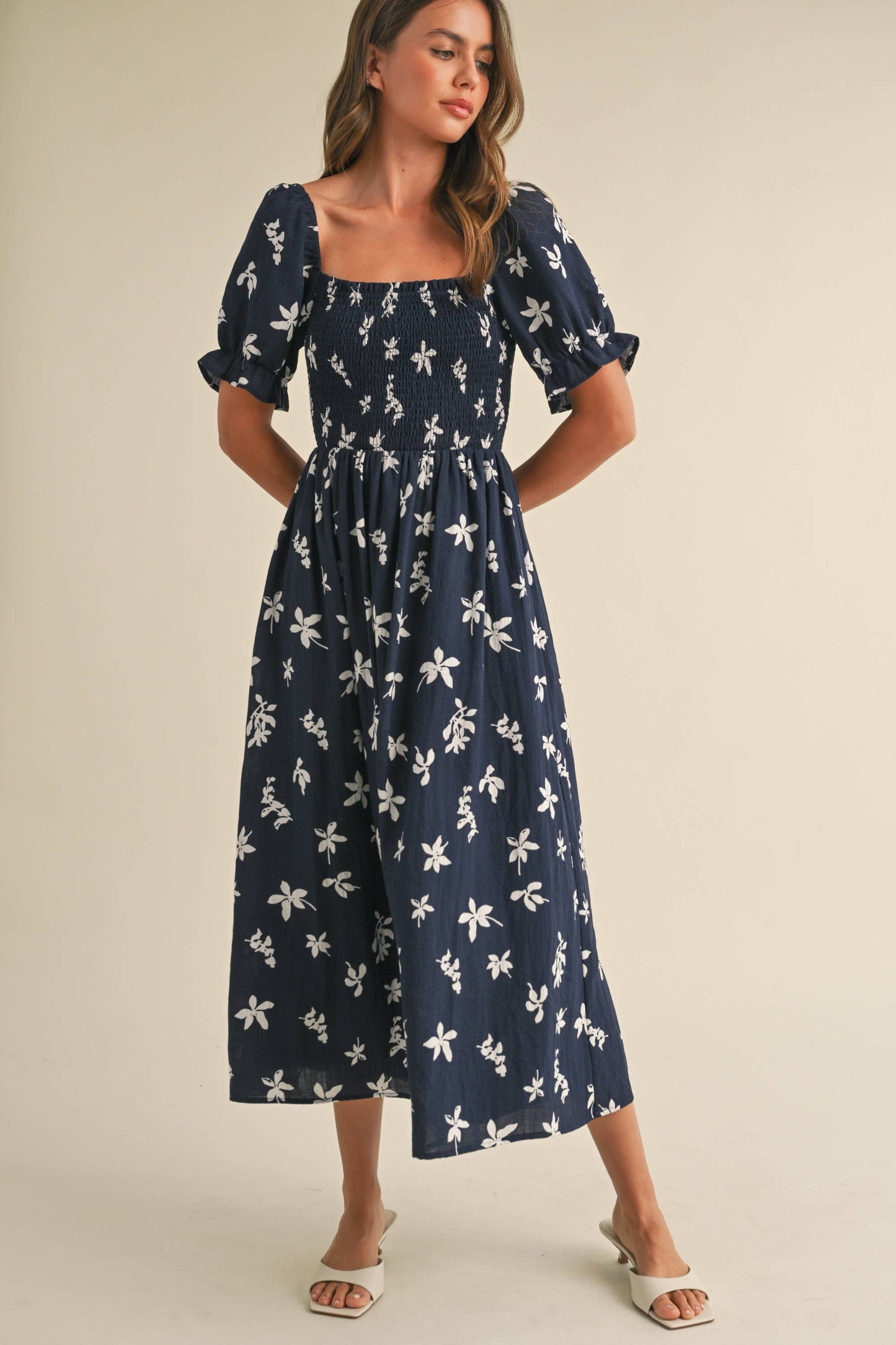 ID8847-A FLORAL MIDI PUFF SLEEVES DRESS