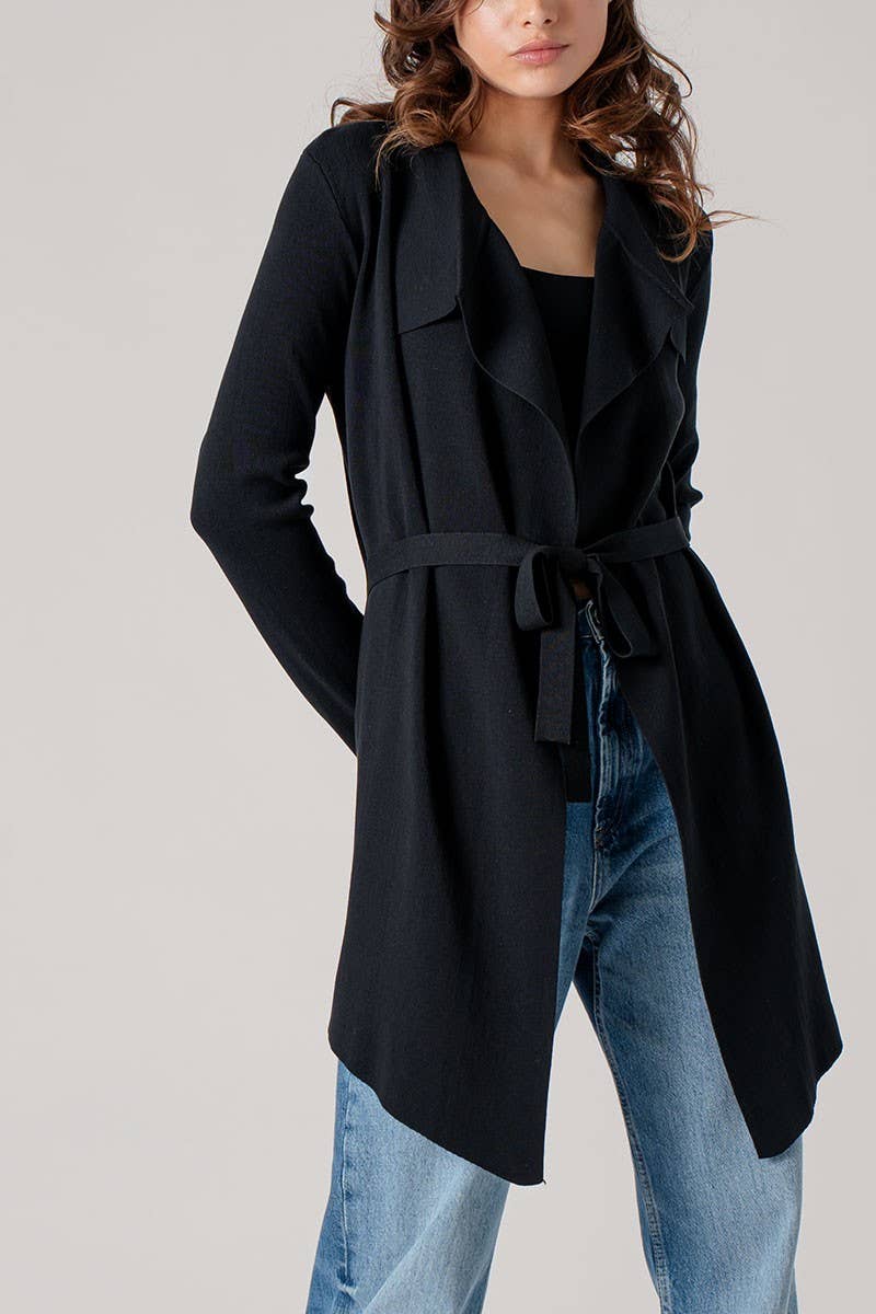 Draped Front Long Sleeve Waist Tie Cardigan