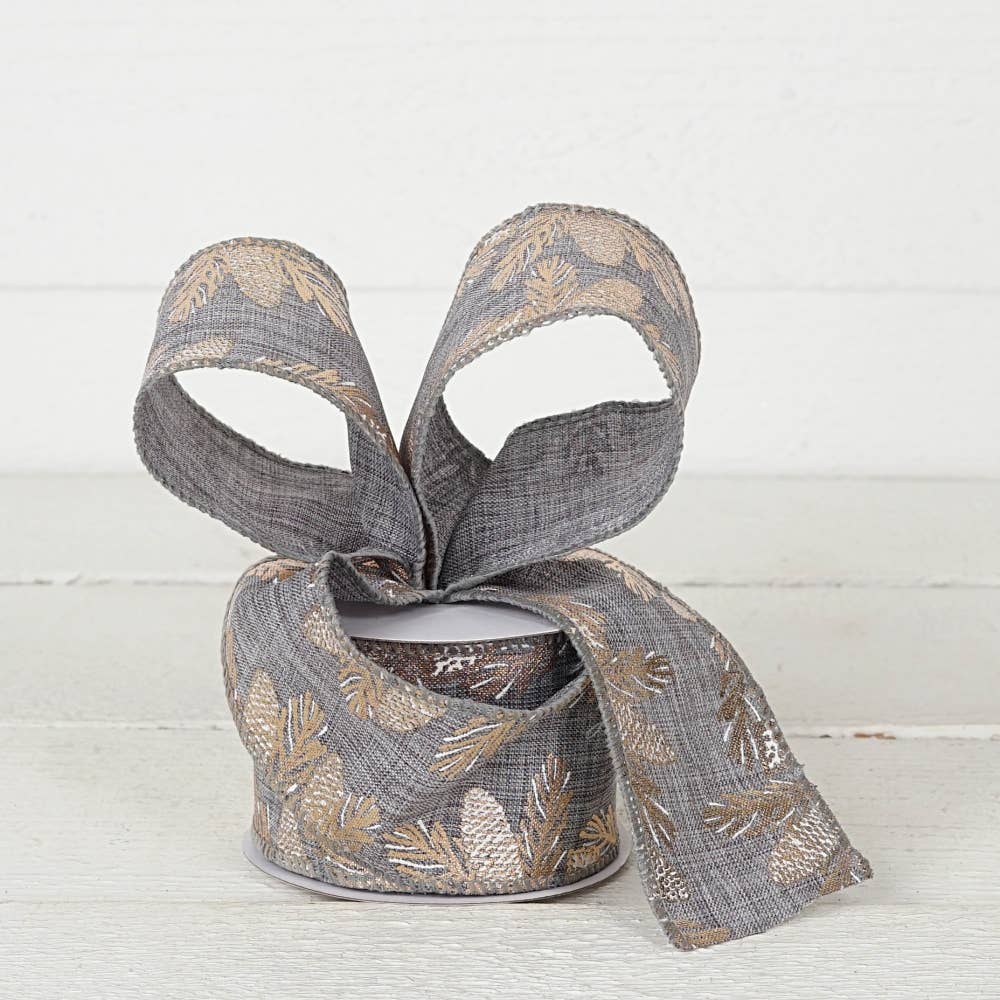R32927-Wired Ribbon-Gray Burlap with pinecones (2.5inW)