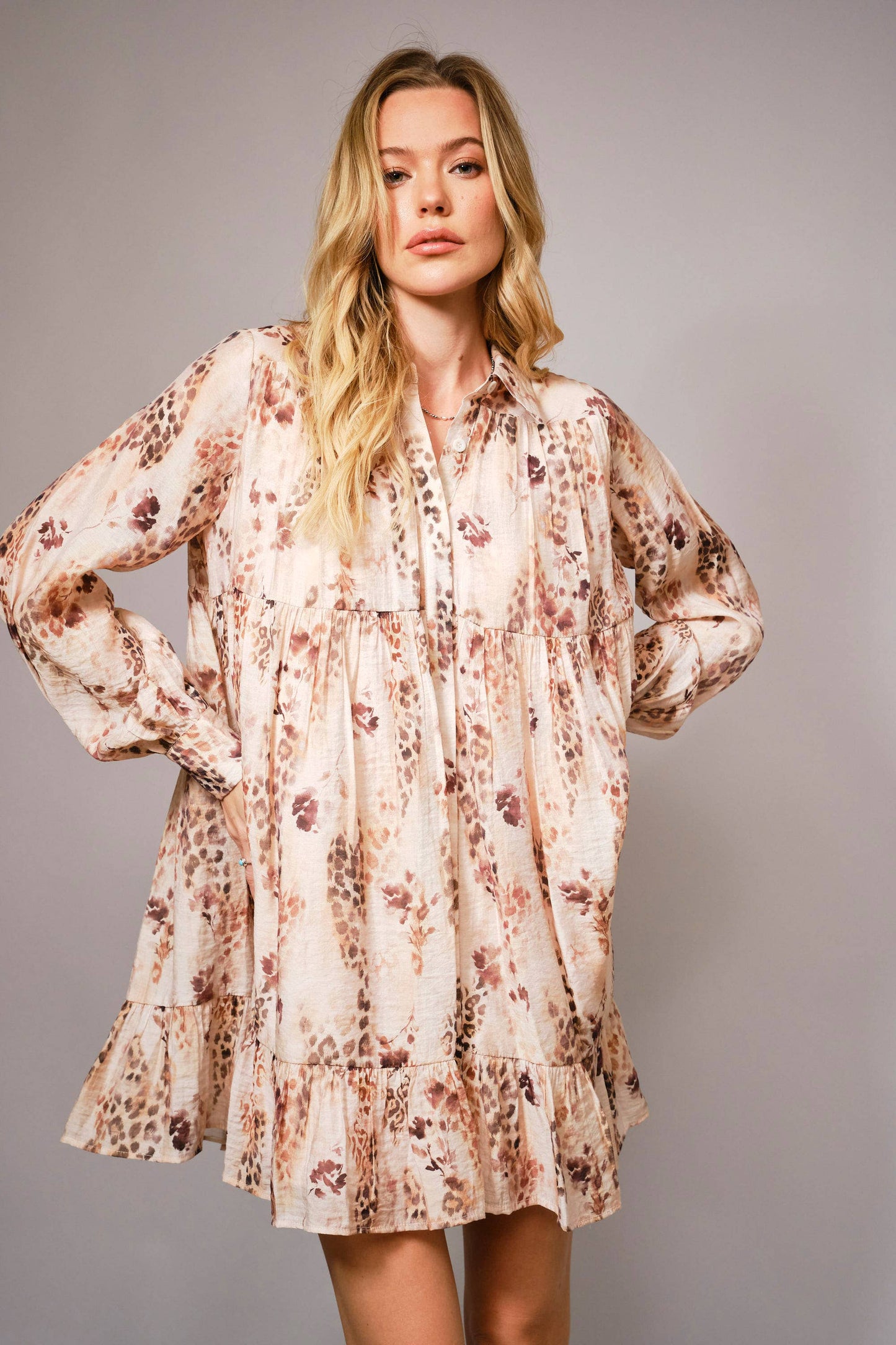 36898D - Floral Leopard Print Tiered Mini Dress