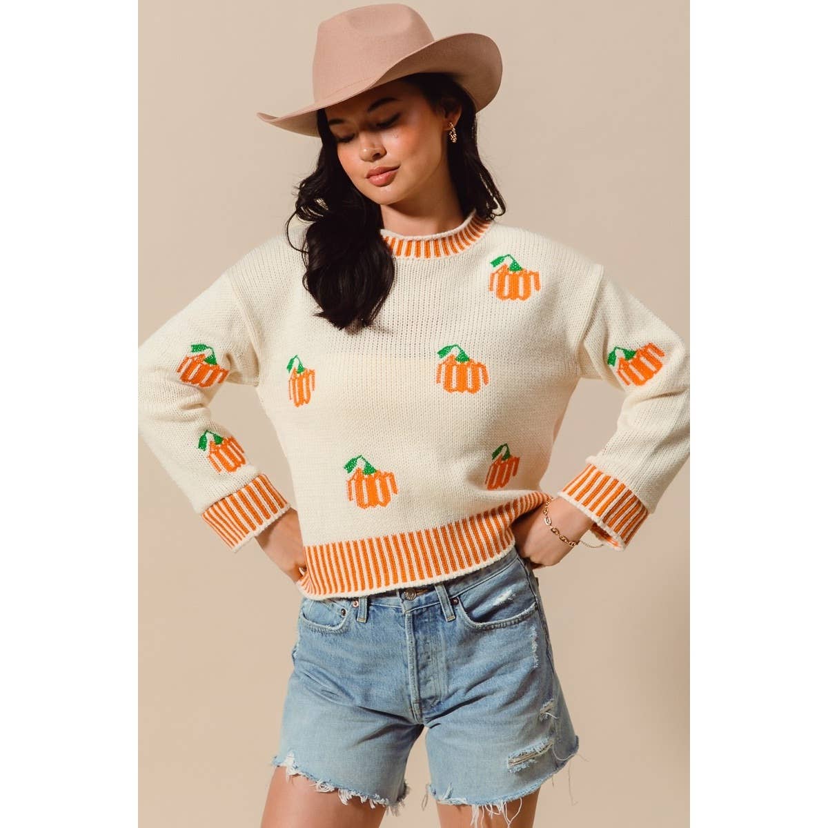 Pumpkin Embroidery Stripe Rib Hem Halloween Top