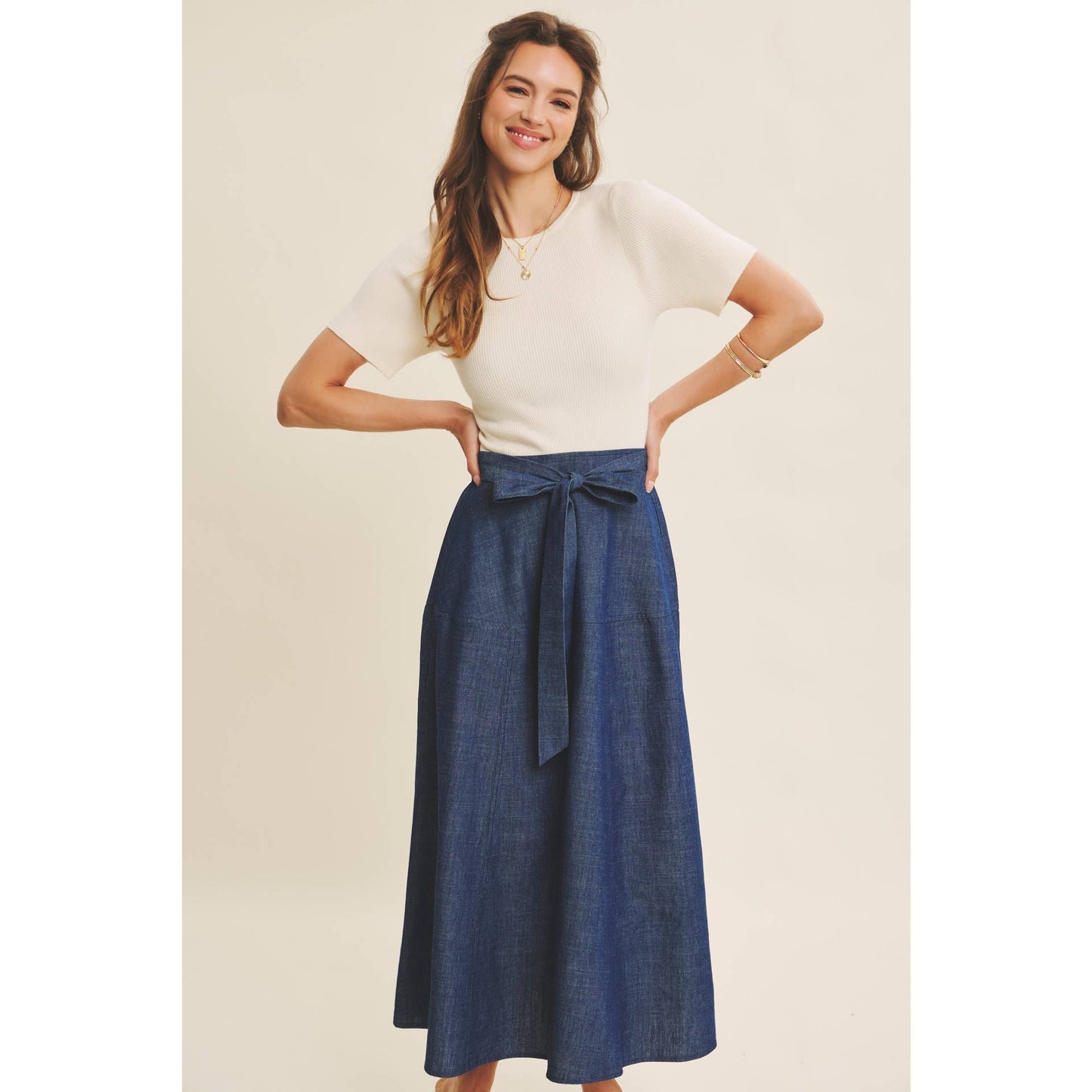 EFFORTLESS MIX OF COZY AND POLISHED TWOFER DENIM DRESS