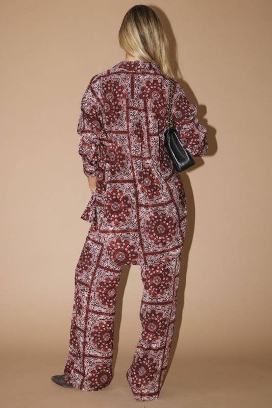 Satin Button Up Shirt with Bandana Print