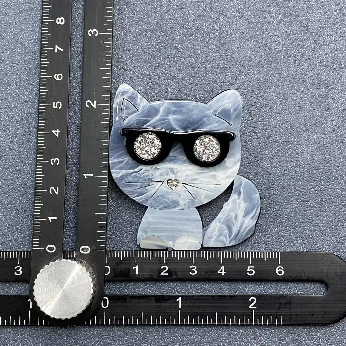 Grey Cat with Glasses Acrylic Brooch