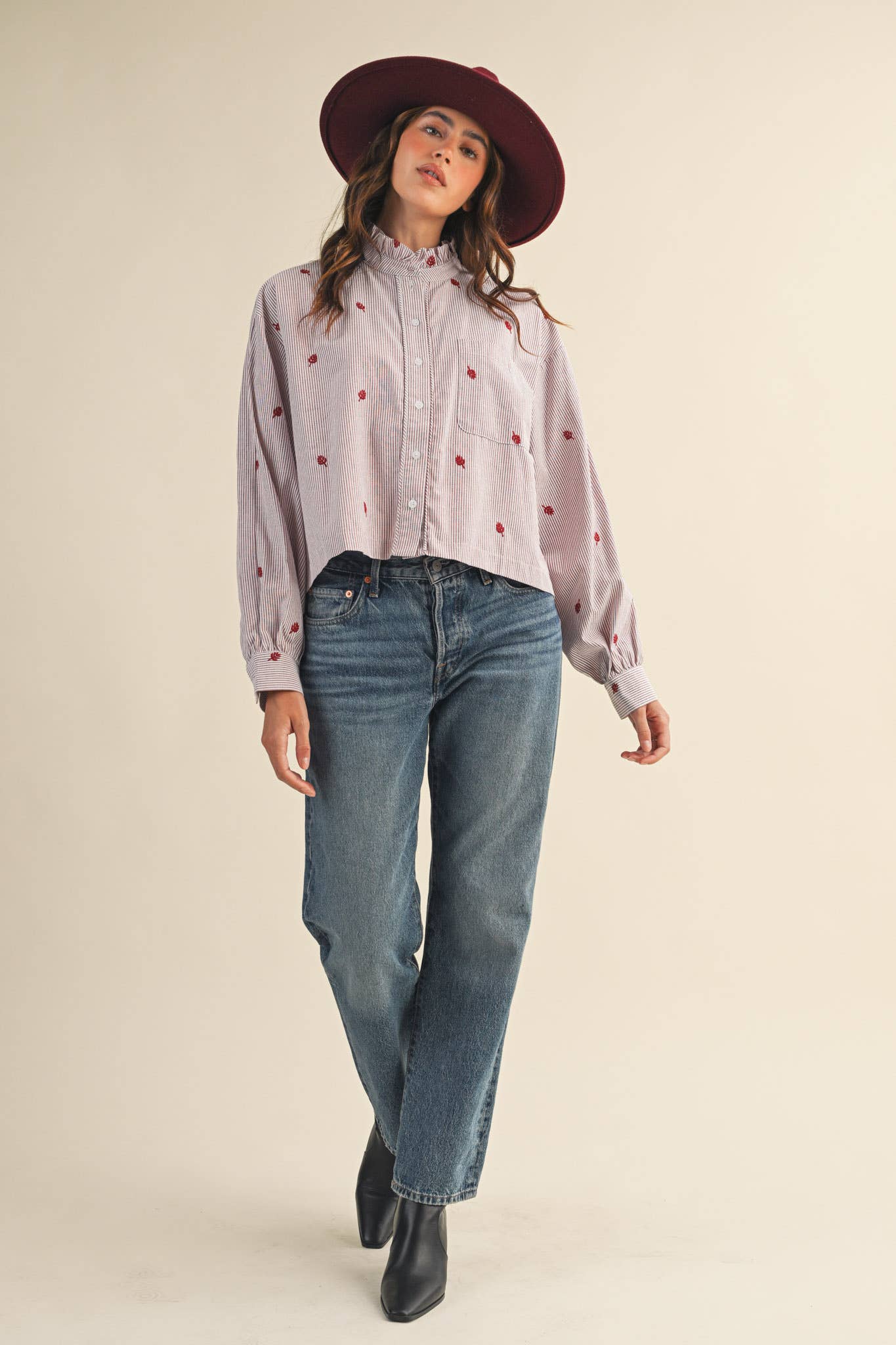 EMBROIDERED MOCK NECK STRIPED BUTTON UP TOP