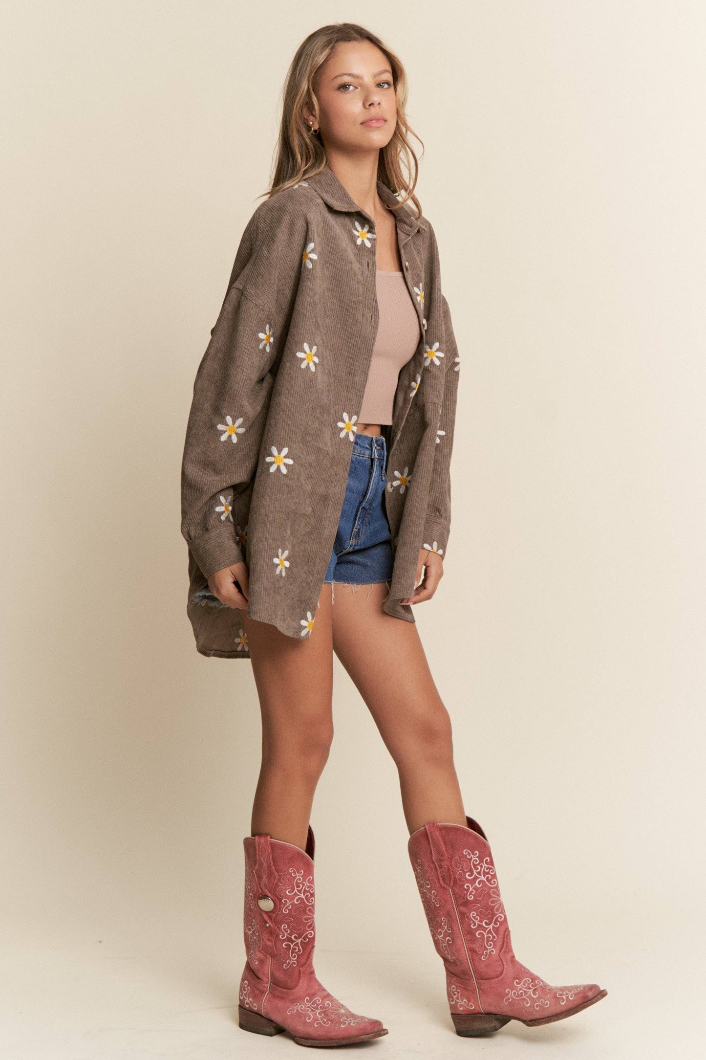 Floral Embroidered Button Down Shacket S-L