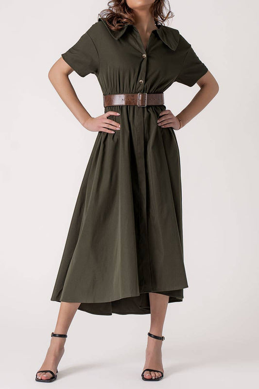 Exaggerated Collar Spring Shirt Belted Midi Dress