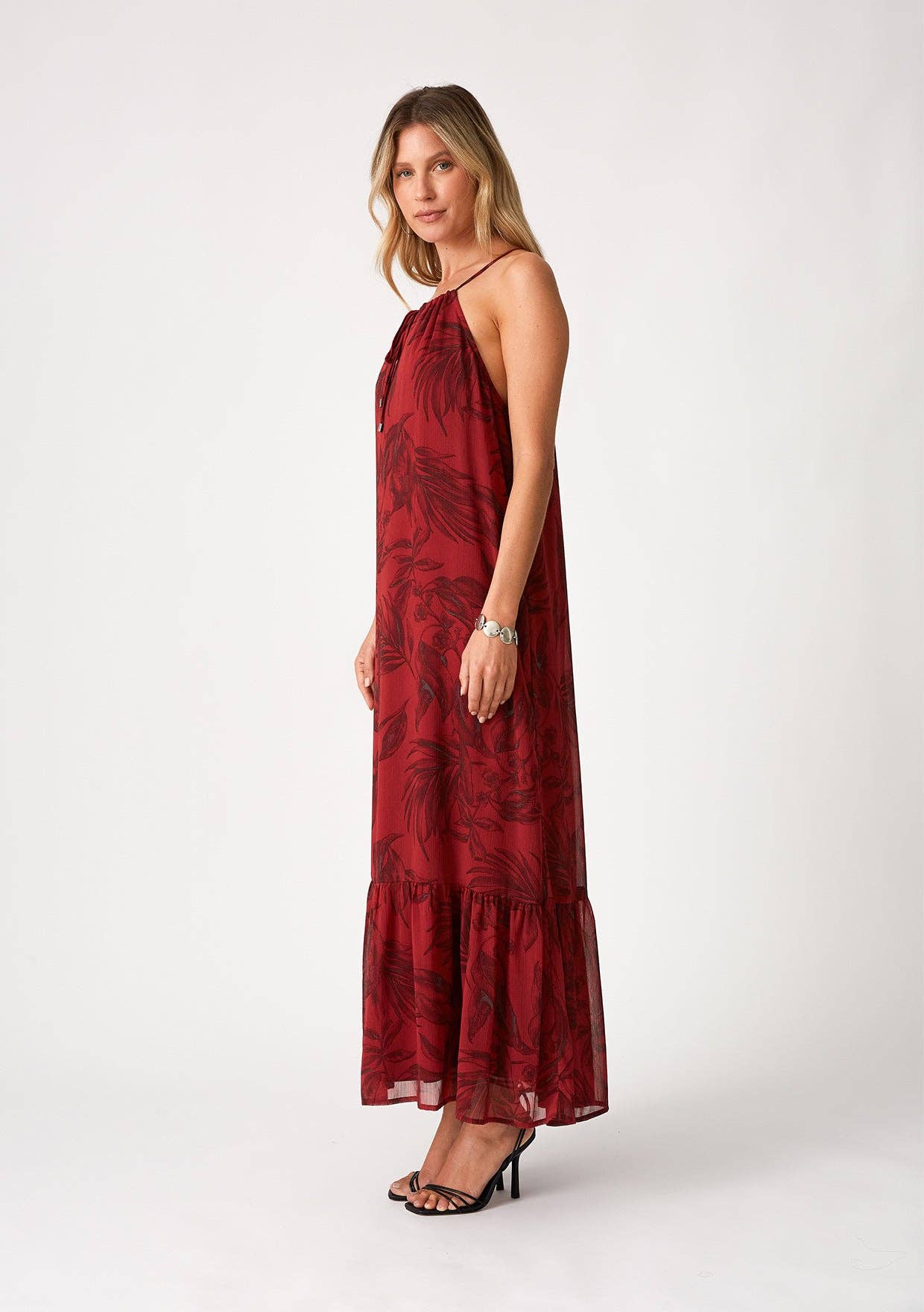 Flowy Floral Tie Front Halter Maxi Dress