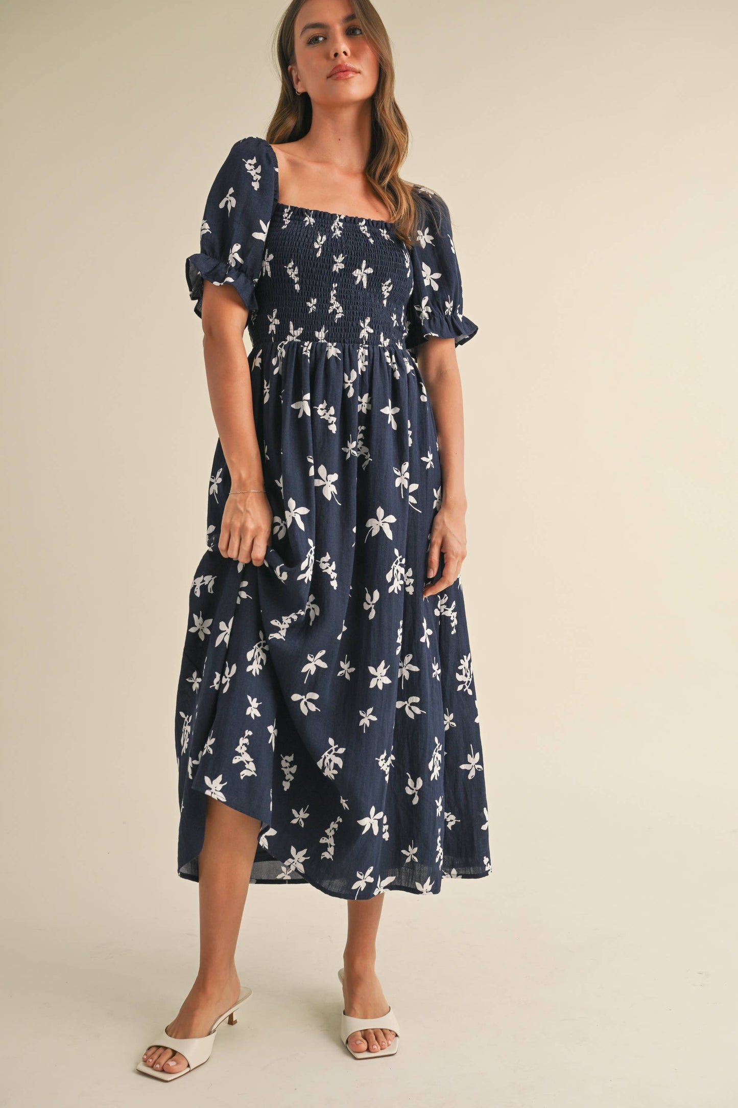 ID8847-A FLORAL MIDI PUFF SLEEVES DRESS