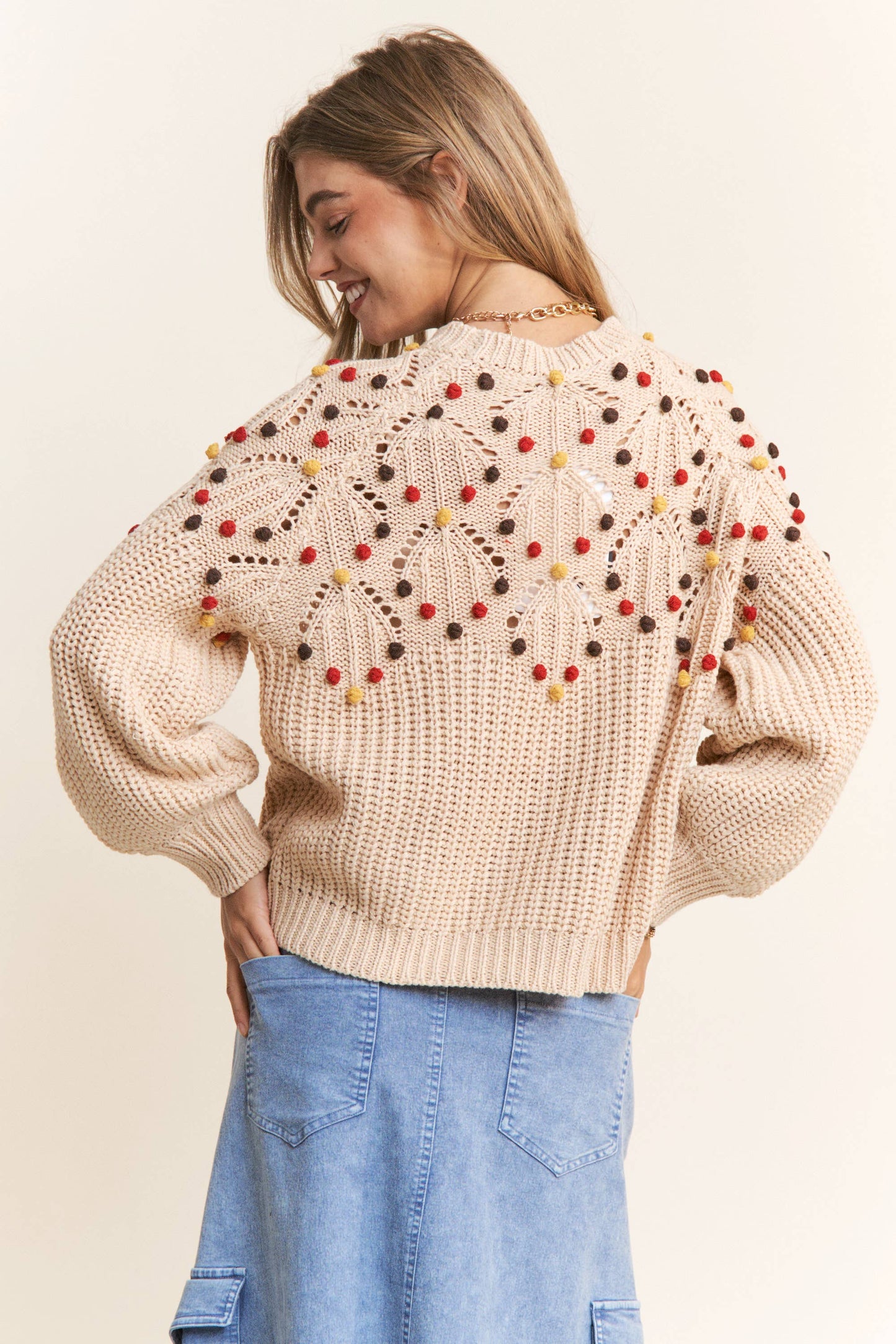 Eyelet Cable Knit PomPom Knit Sweater Top