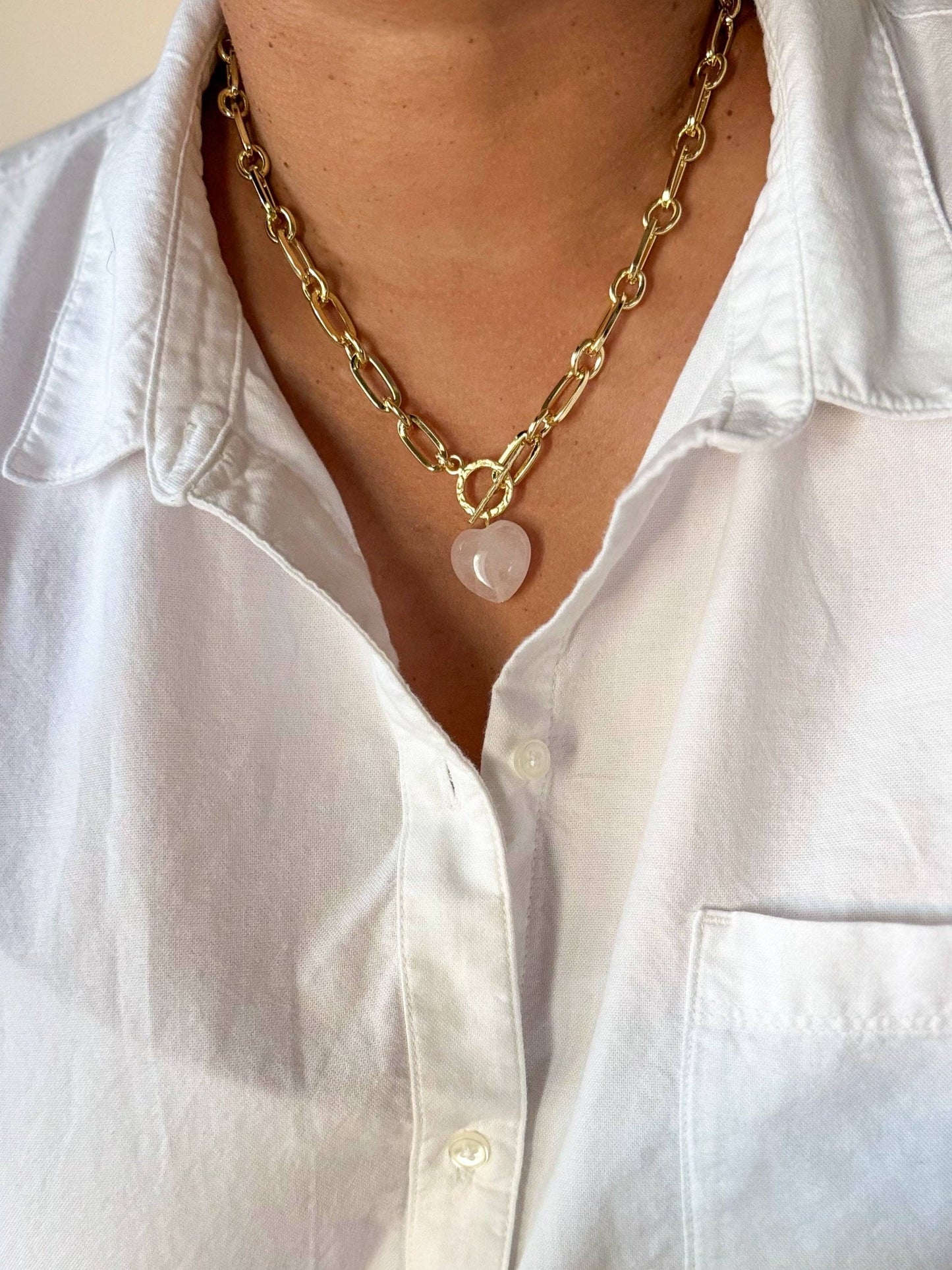 Pink Rose Quartz Crystal Heart Pendant Necklace - 18K Gold