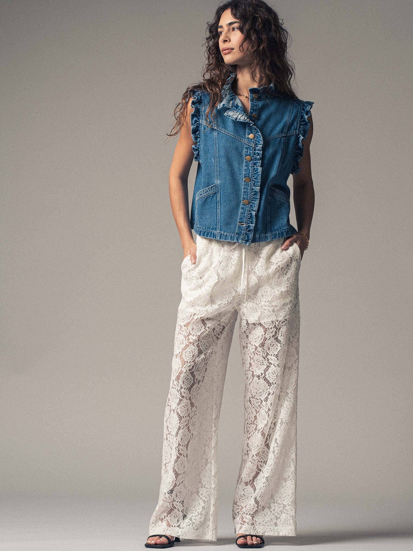 Victorian Ruffle Trim Denim Vest with High Collar