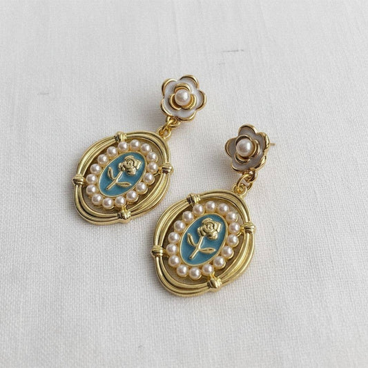 Vintage Inspired Blue Floral Pearl Dangle Earrings