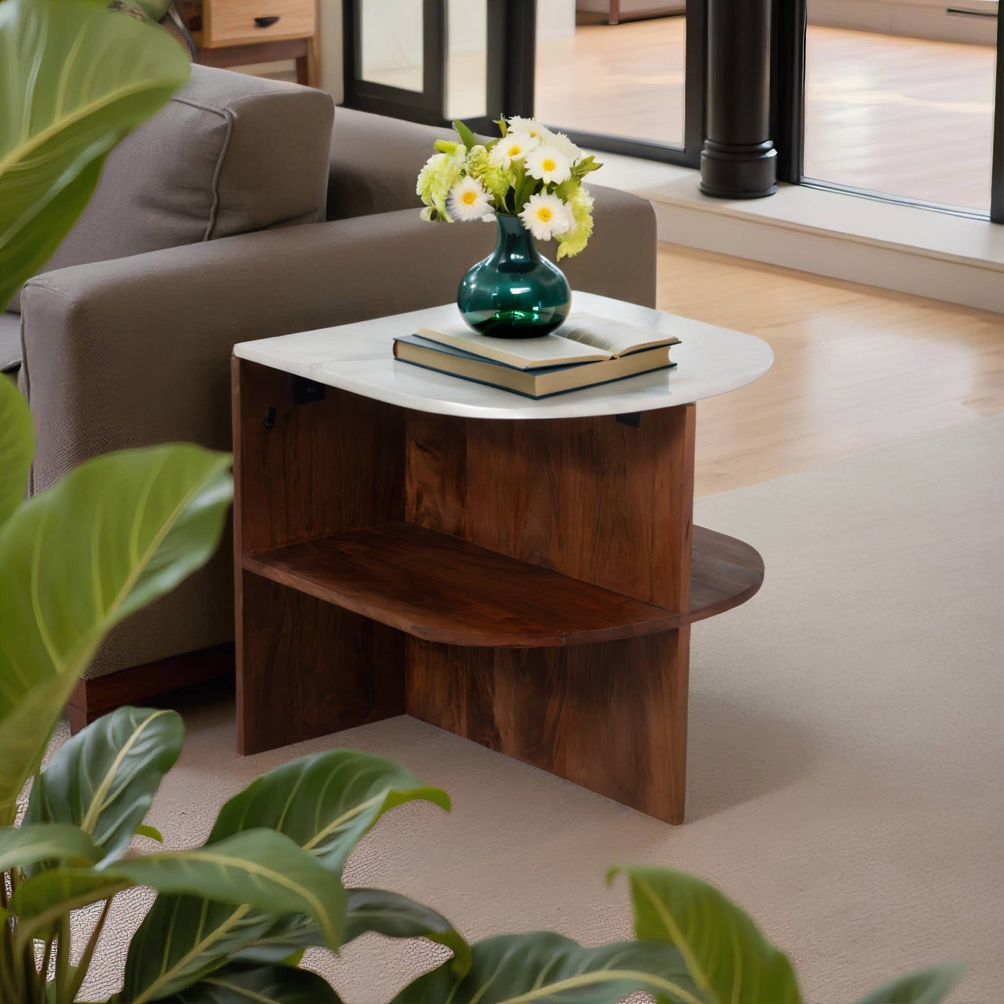 20" in Brown Mango Wood/Marble Half Round Side Table