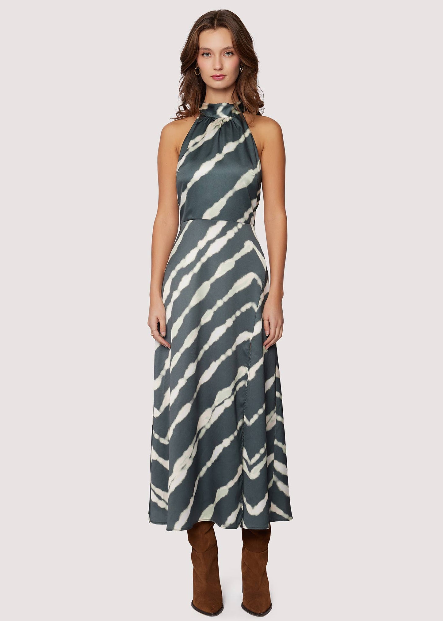 Serra Elisa Maxi Dress - Satin Fall Stripe Slit Halter Neck