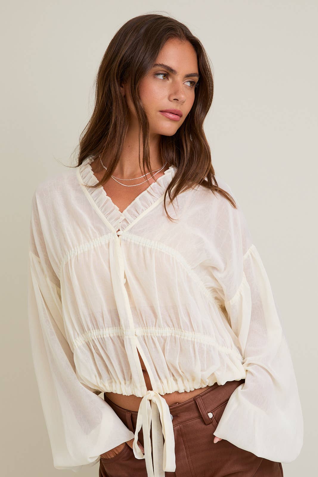 LONG SLEEVES BLOUSE TOP WITH RUFFLE DETAIL ON NECKLINE