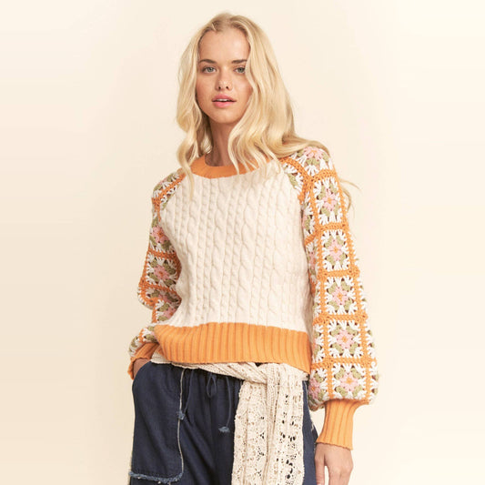 Cable Knit Sweater With Crochet Floral Sleeves
