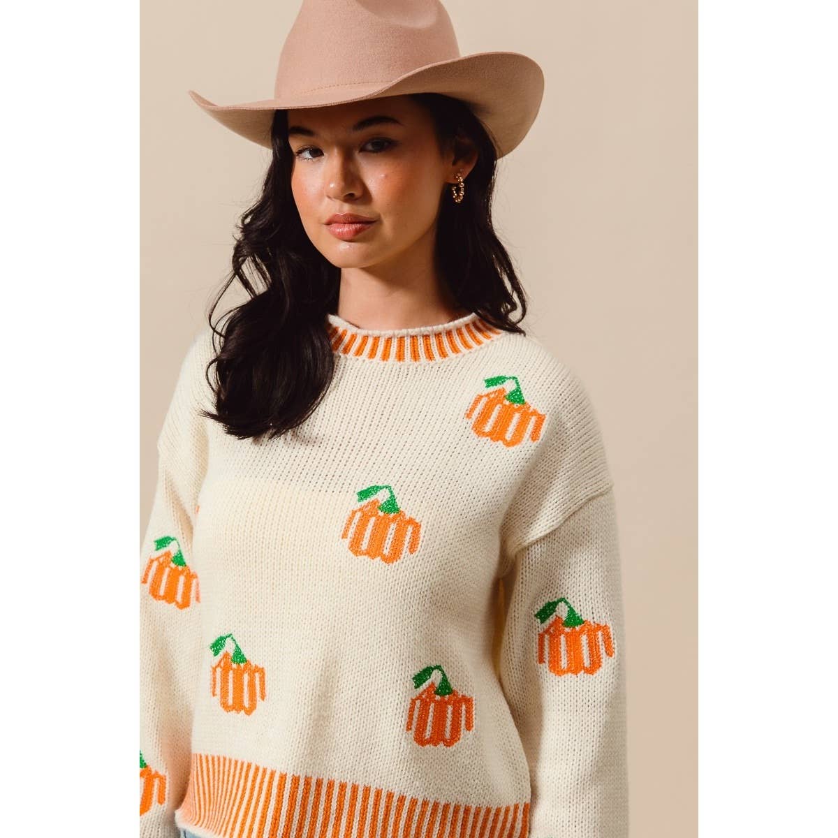Pumpkin Embroidery Stripe Rib Hem Halloween Top