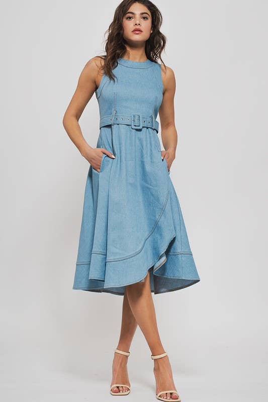 Fit and Flare Sleeveless Denim Midi Dress