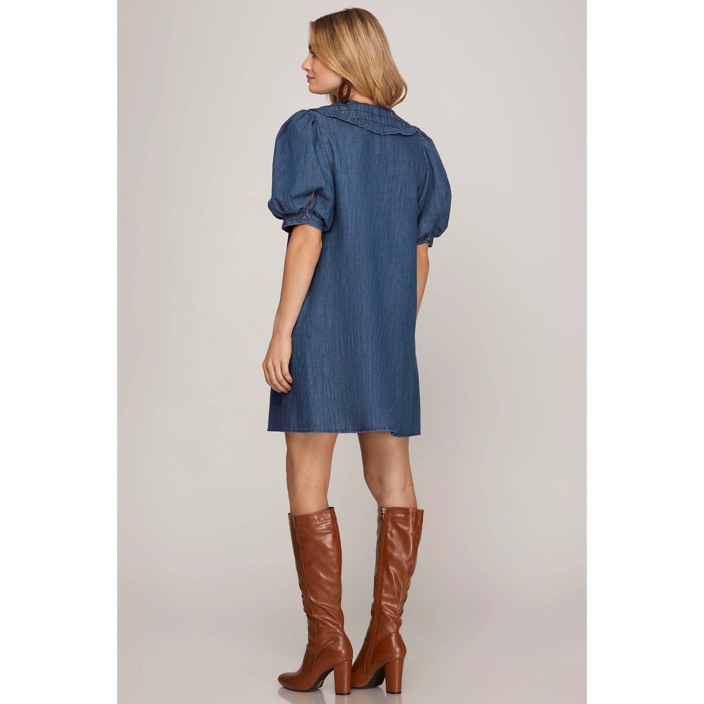 Washed Denim Short Puff Sleeve Dress