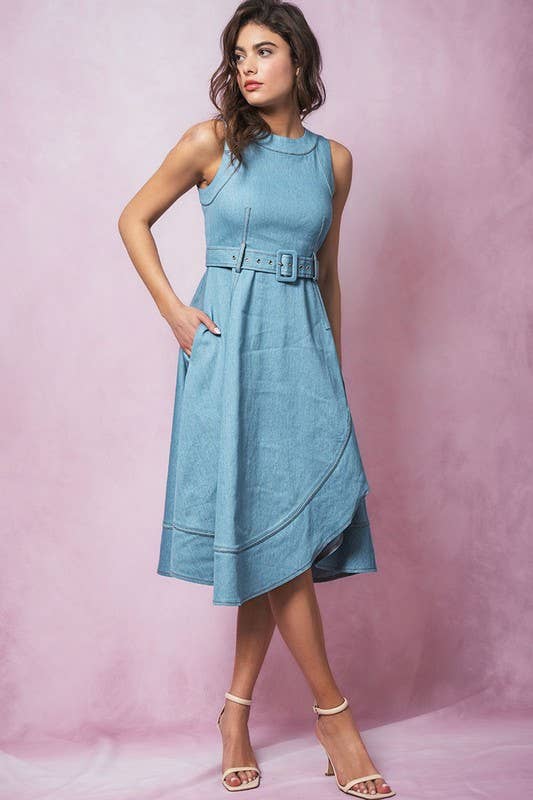 Fit and Flare Sleeveless Denim Midi Dress