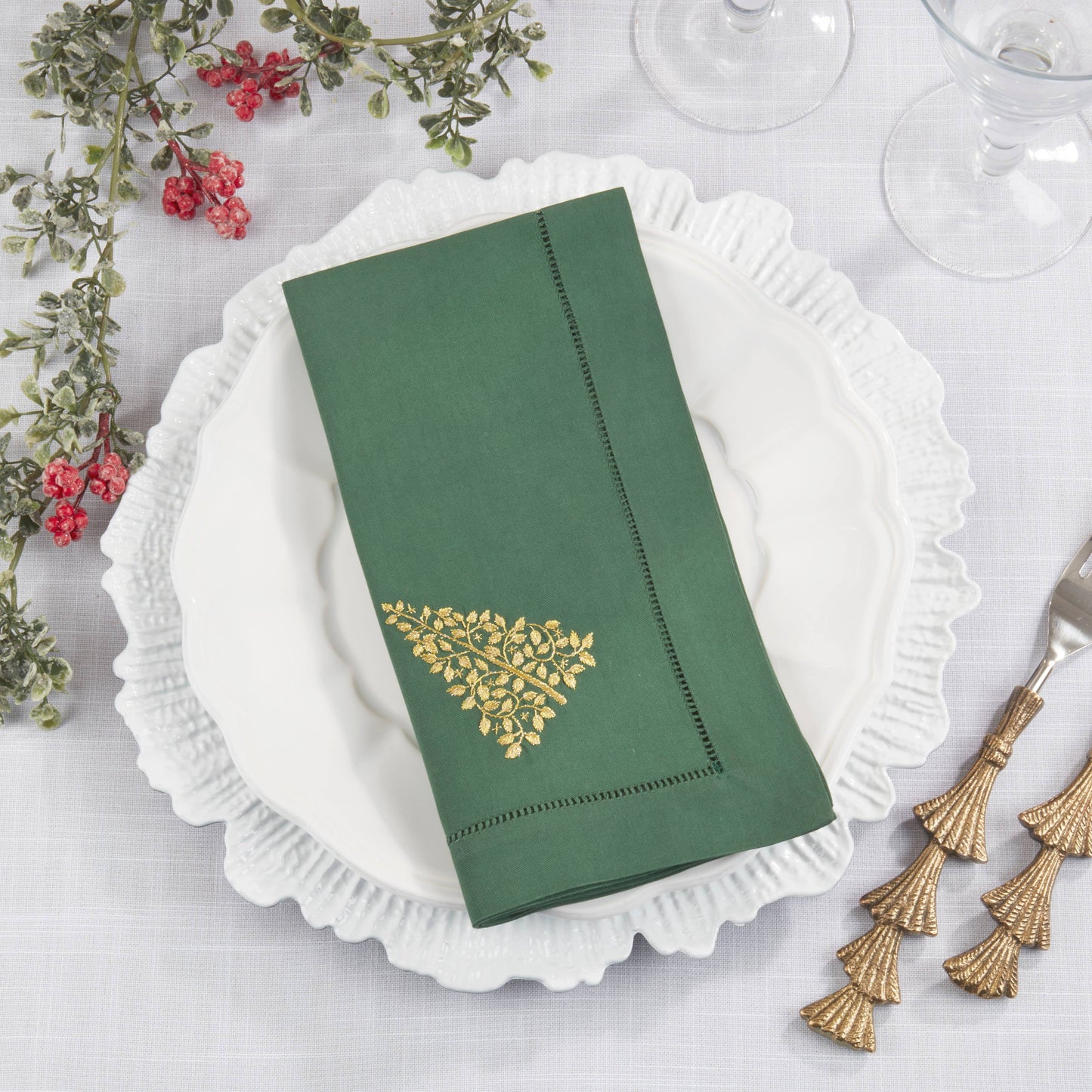 Embroidered Christmas Tree Hemstitch Napkin
