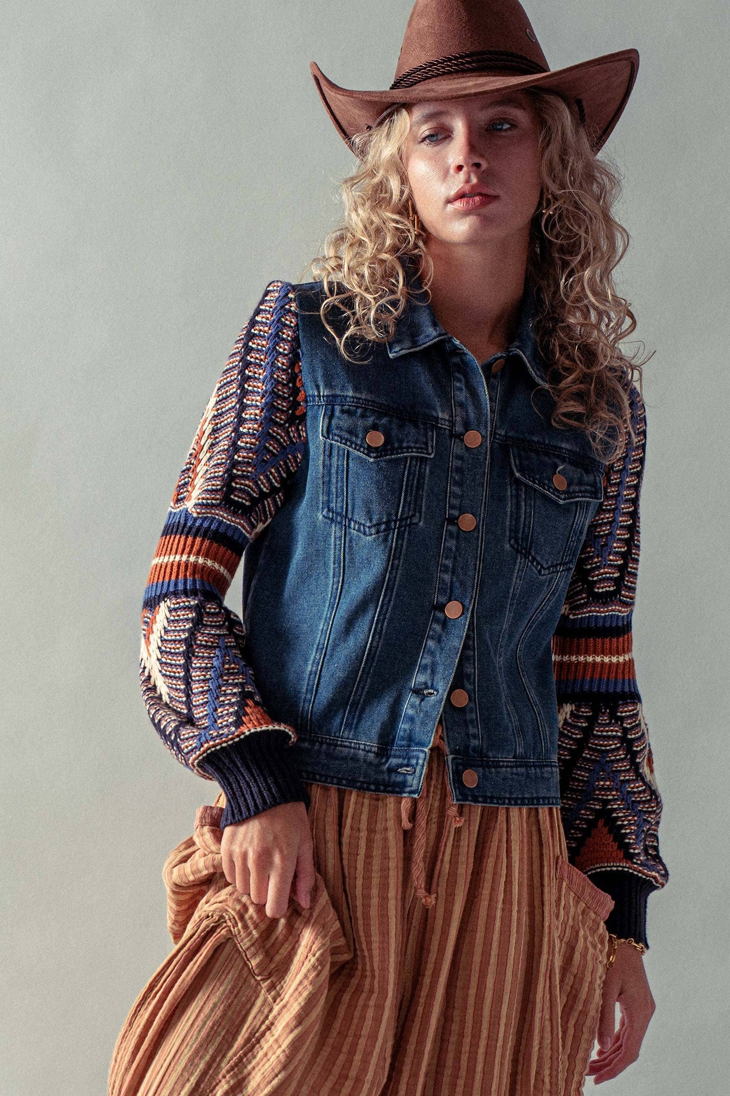 Denim Jacket with Knit Sleeves