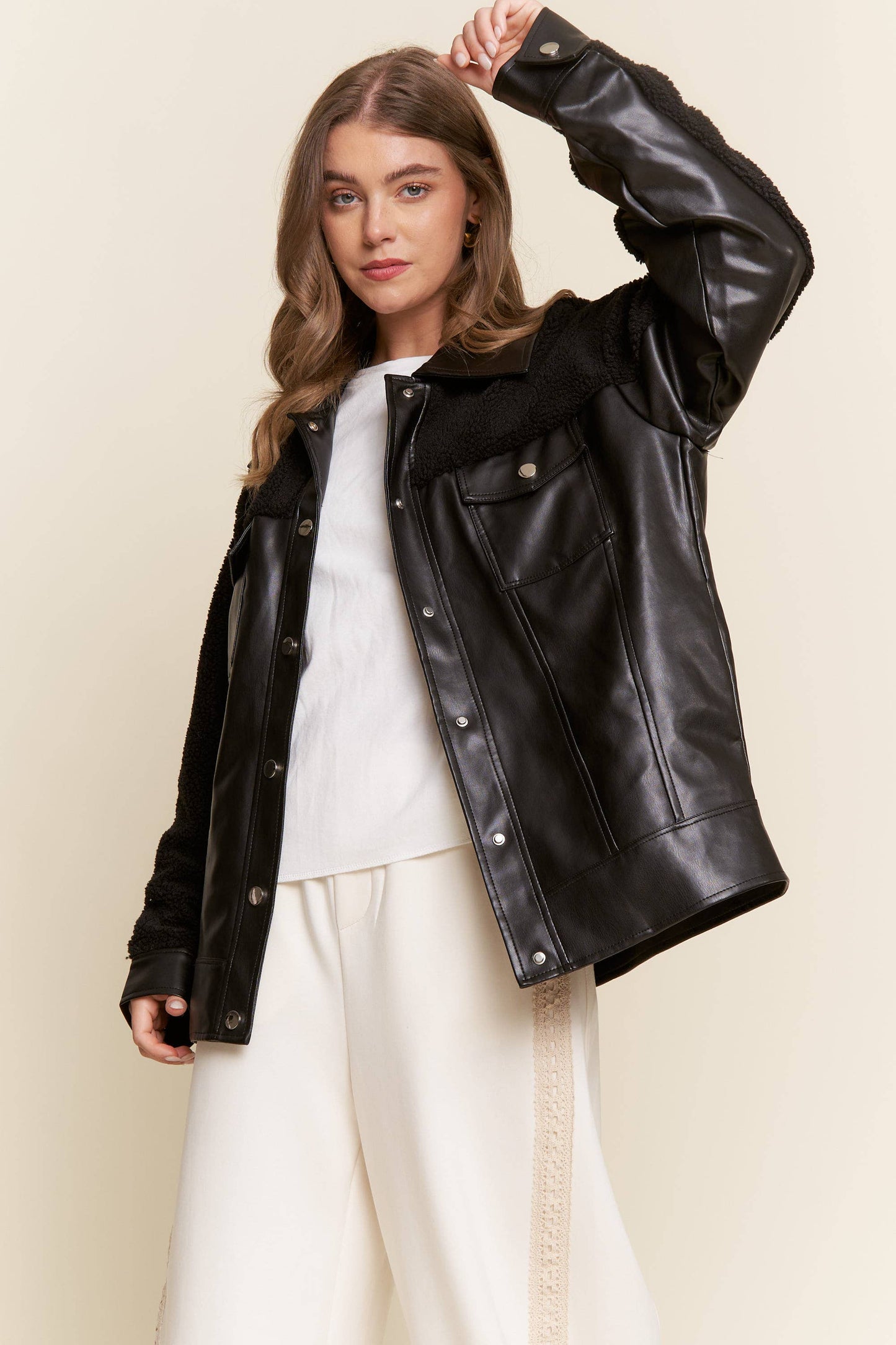 Black Faux Leather Sherpa Teddy Jacket