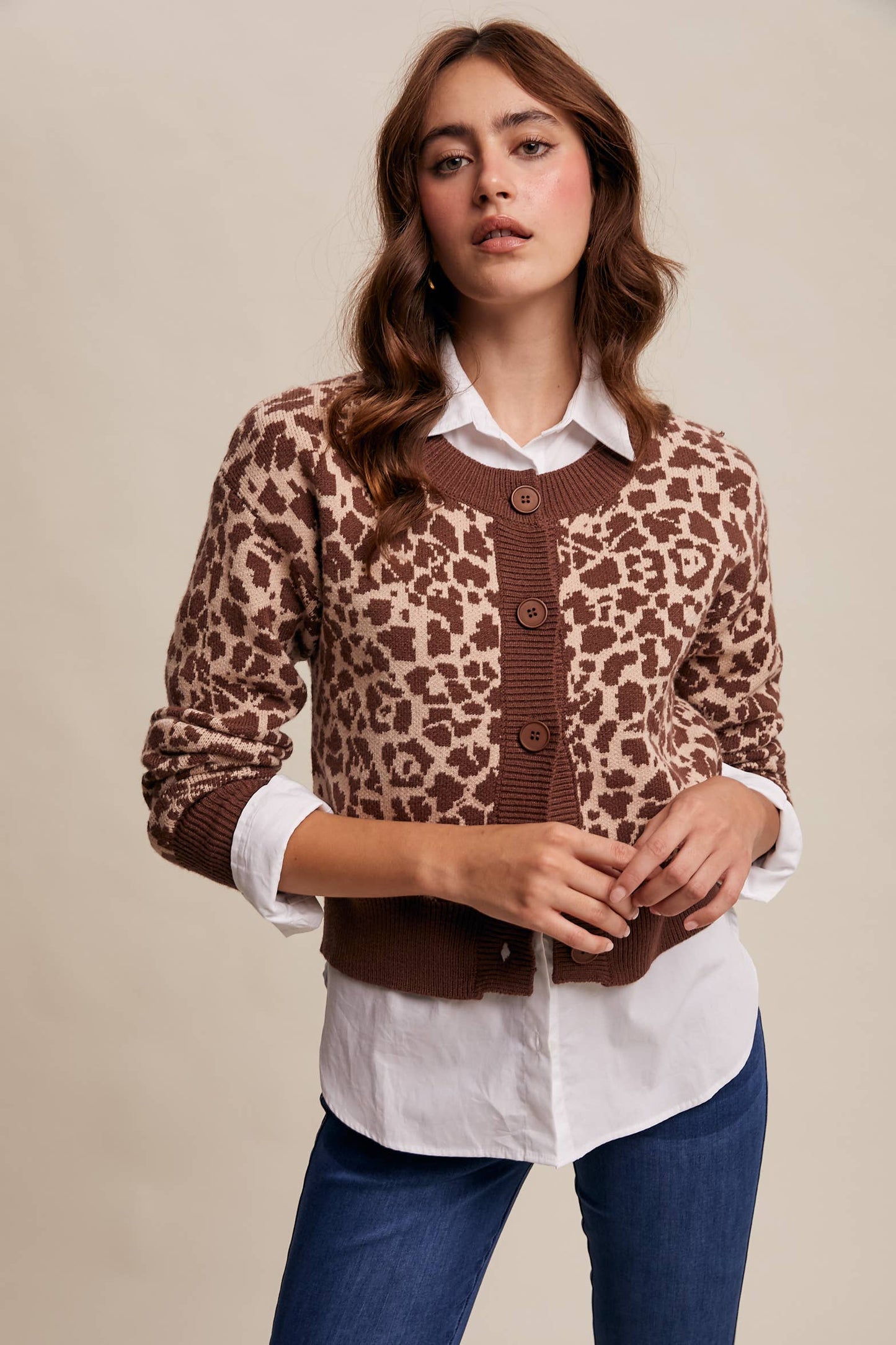 Leopard Knit Button-Up Cardigan