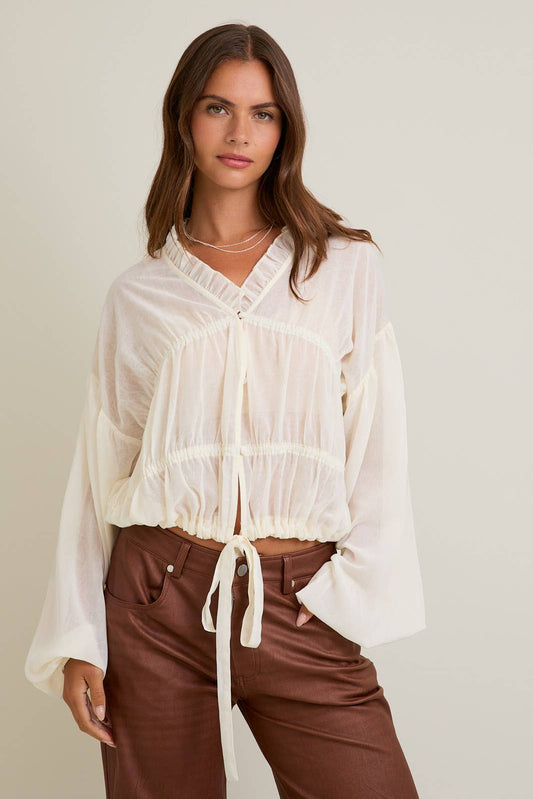 LONG SLEEVES BLOUSE TOP WITH RUFFLE DETAIL ON NECKLINE