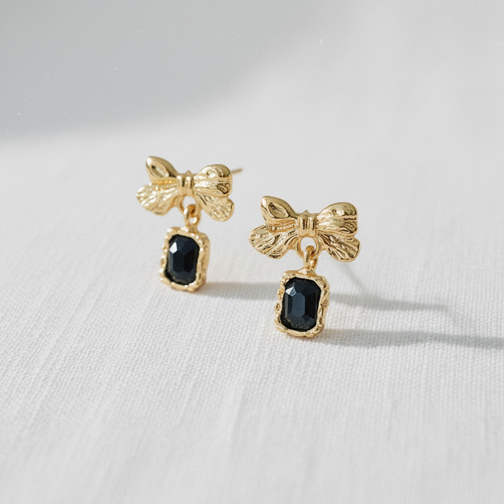 Vintage Black and Gold Bow Stud Earrings