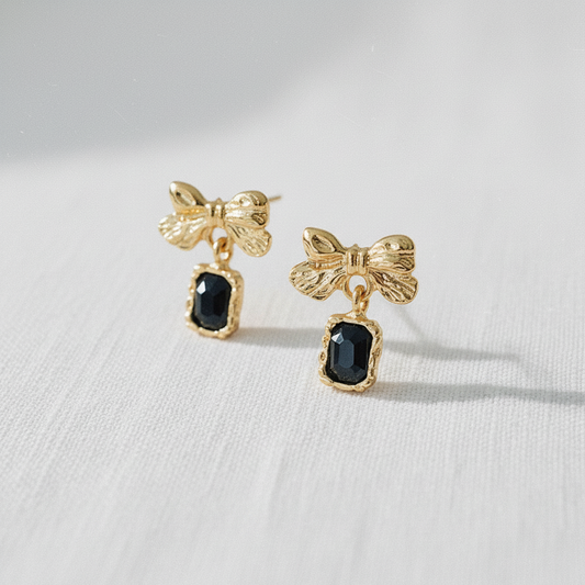 Vintage Black and Gold Bow Stud Earrings