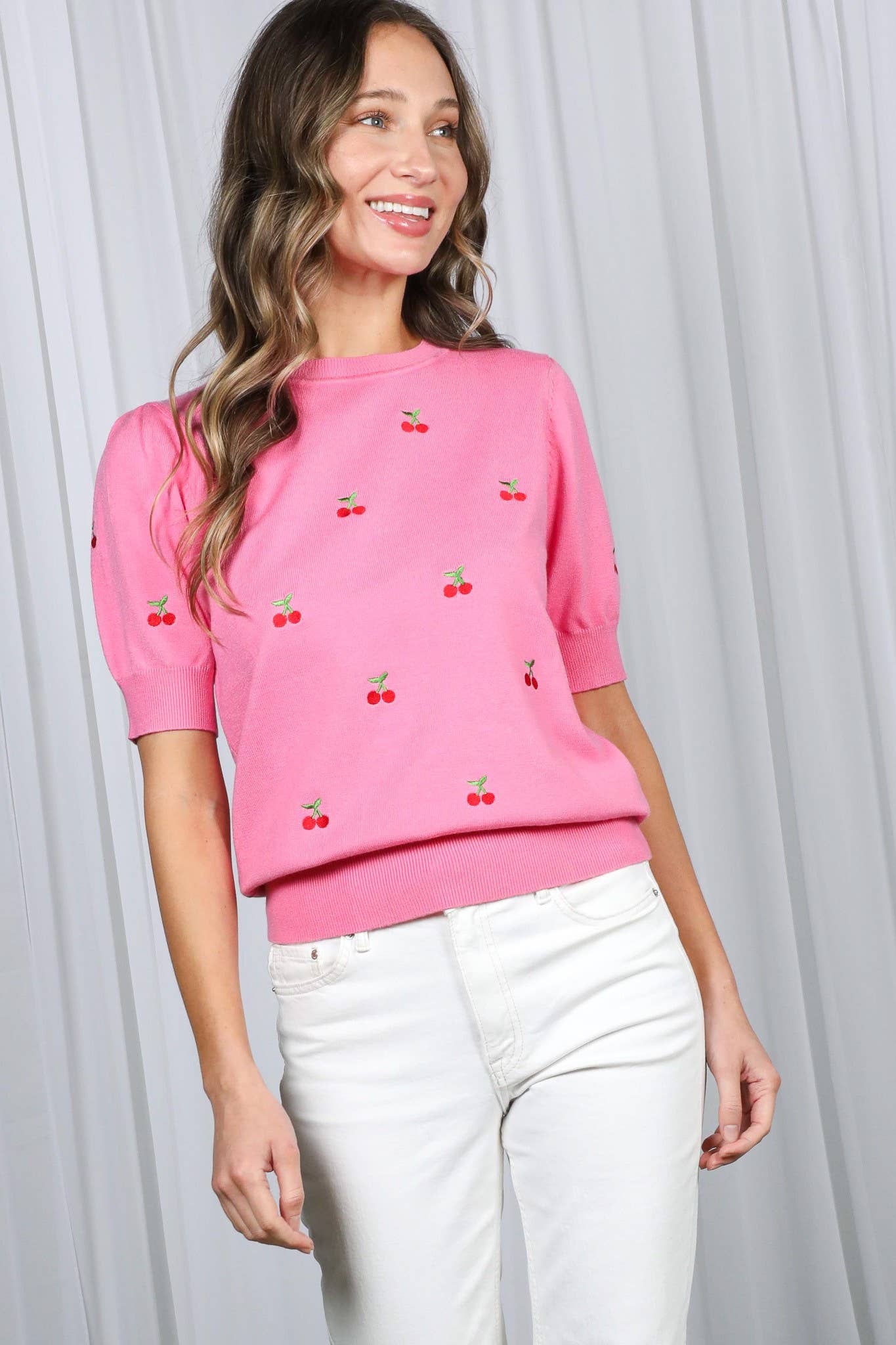 Cherry Embroidered Crew Neck Knitted Sweater VT82686A