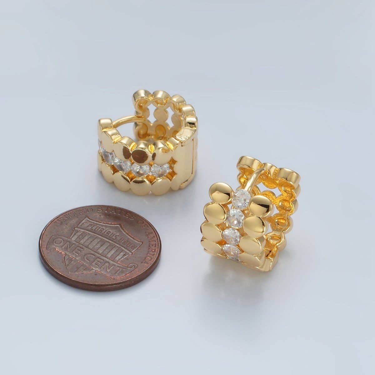 24K Gold Filled 15mm Triple Flat Round CZ Huggie Earrings