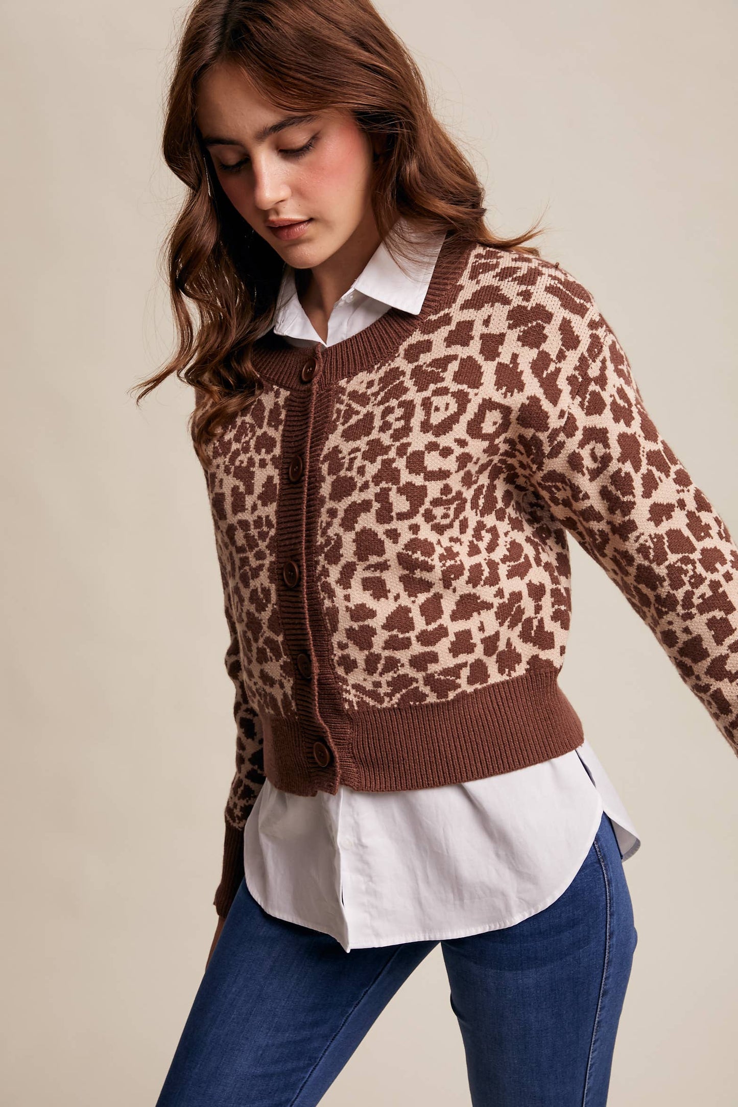 Leopard Knit Button-Up Cardigan