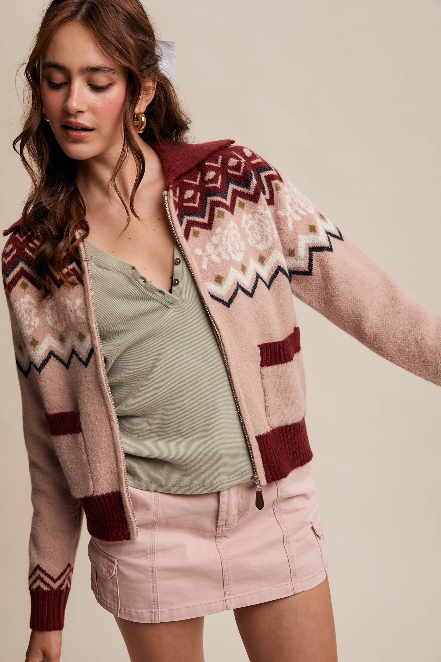 Retro Floral Knit Zip-Up Cardigan