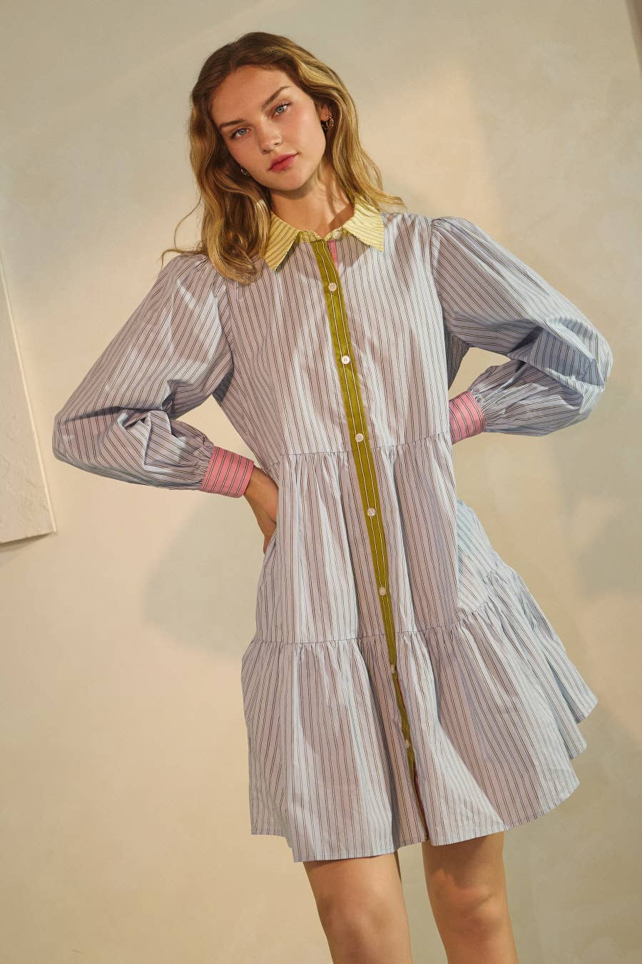 Striped Tiered Button Down Shirt Dress