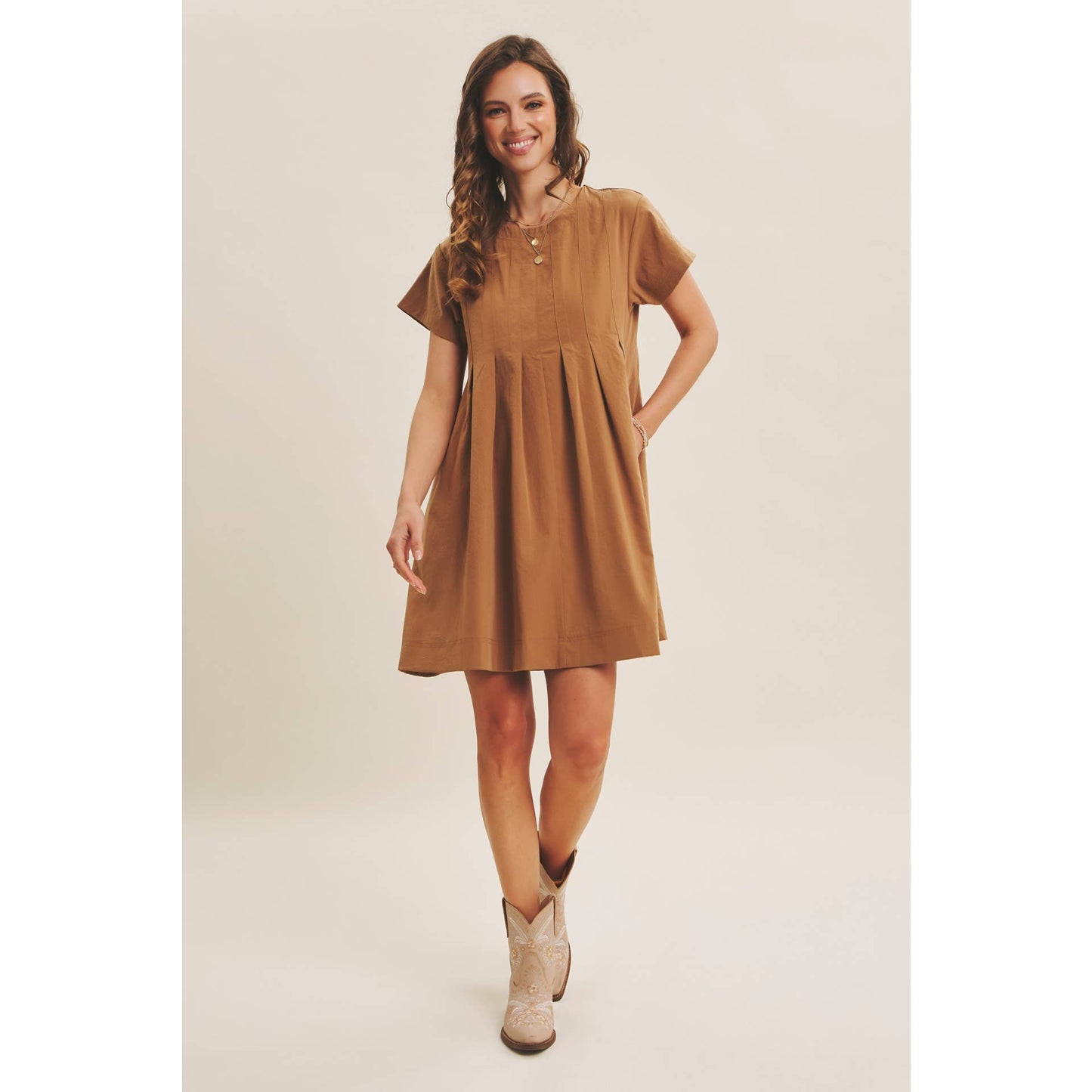 EASYGOING PLEATED DETAIL MINI DRESS WITH POCKETS