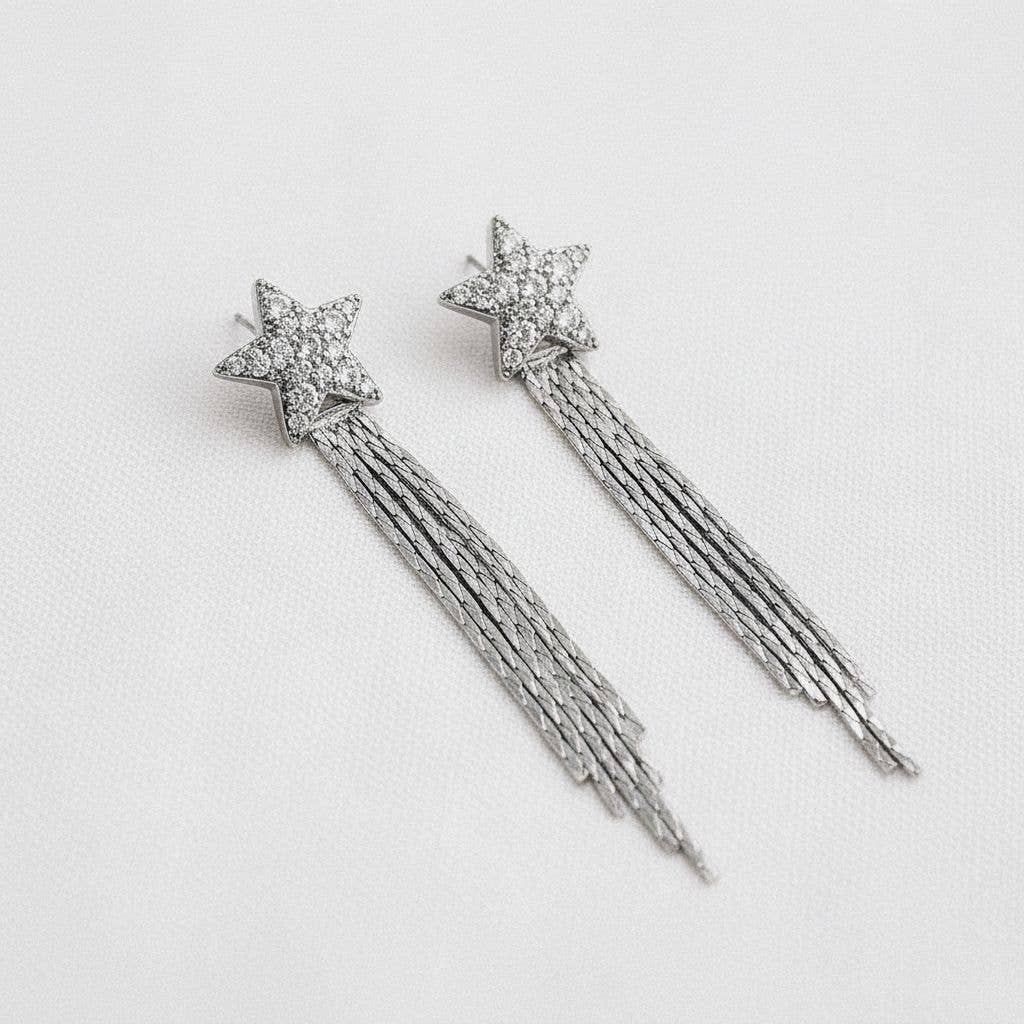 Cubic Zirconia Star Tassel Dangle Earrings