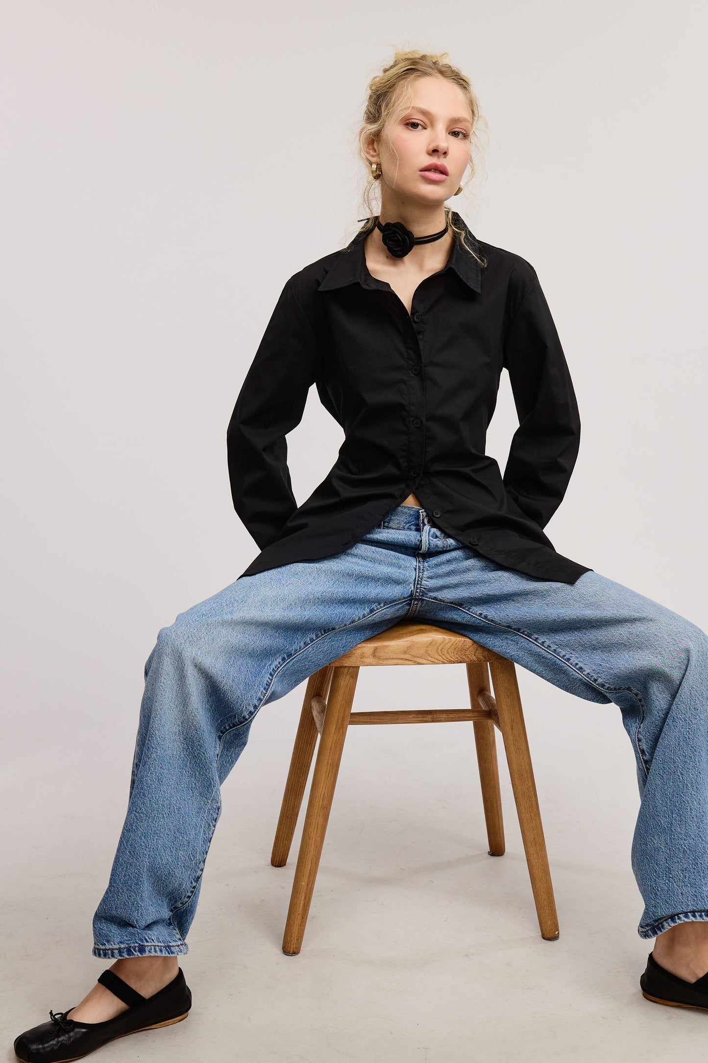 Fitted Collared Shirt Blouse with Back Self-Tie - Black