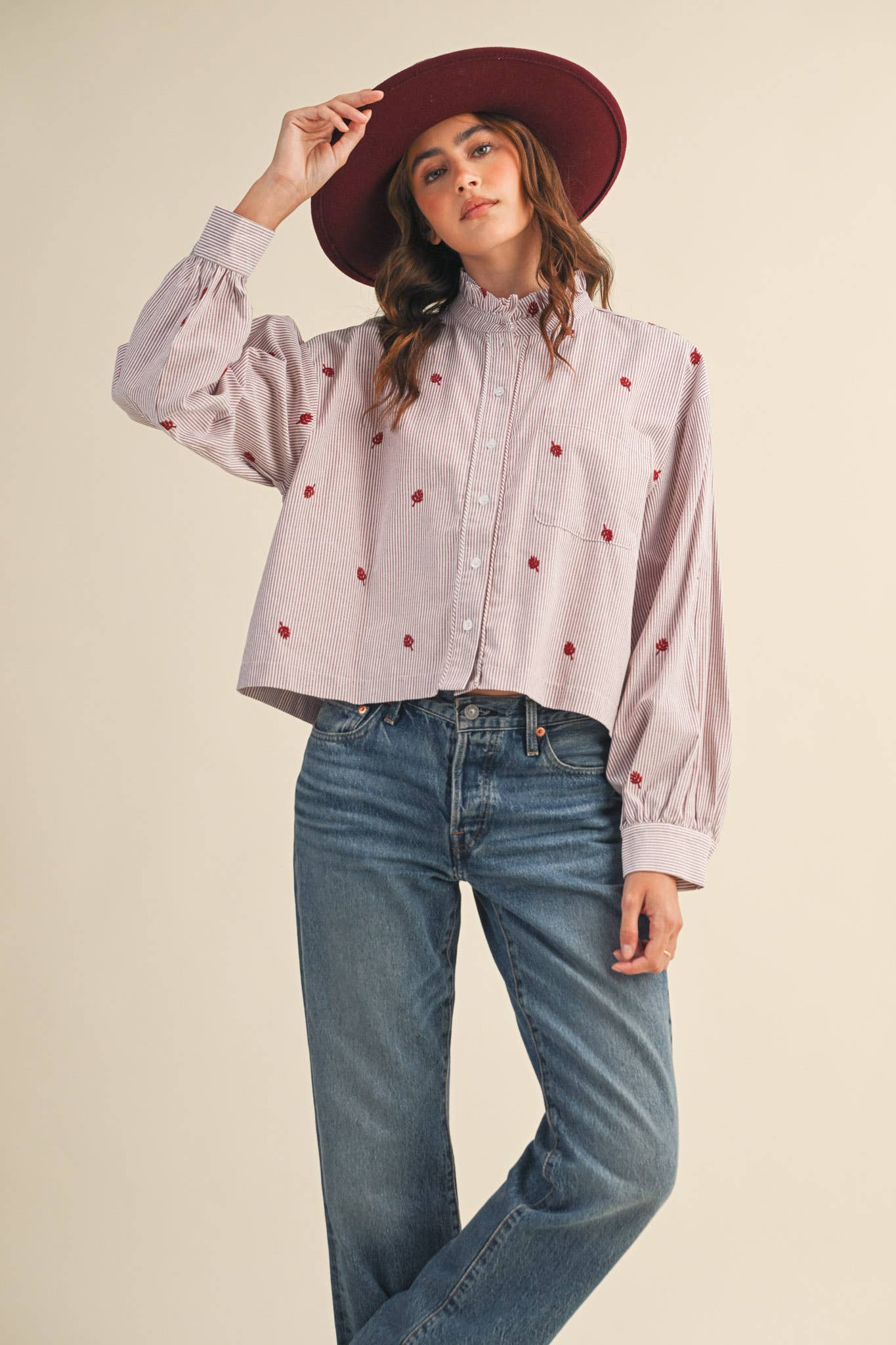EMBROIDERED MOCK NECK STRIPED BUTTON UP TOP