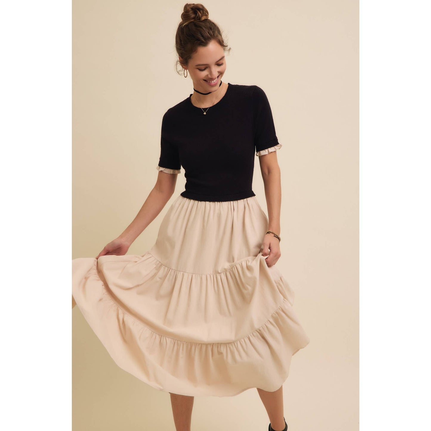 TIERED MIDI DRESS WITH SWEATER TOP AND WOVEN SKIRT
