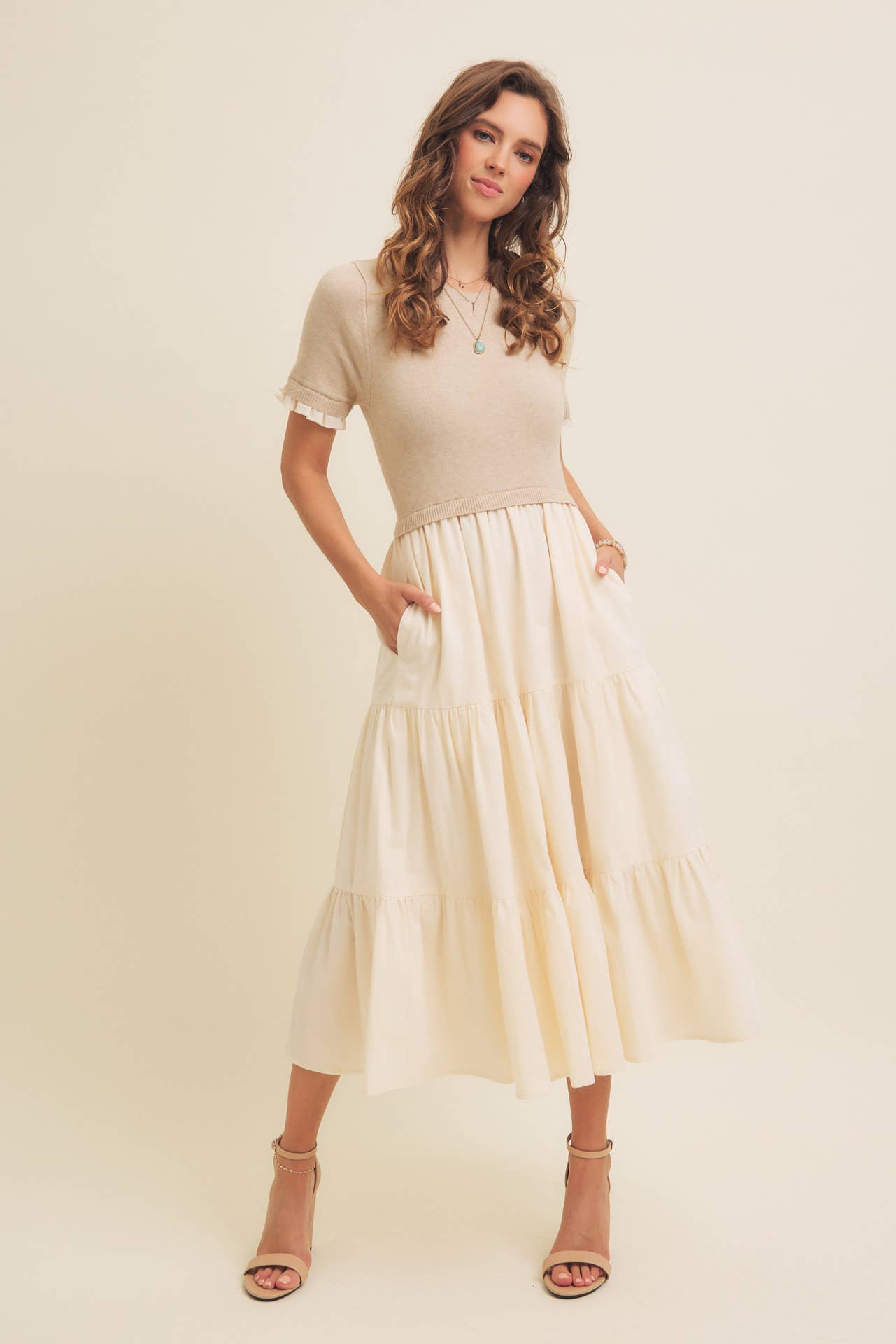 TIERED MIDI DRESS WITH SWEATER TOP AND WOVEN SKIRT