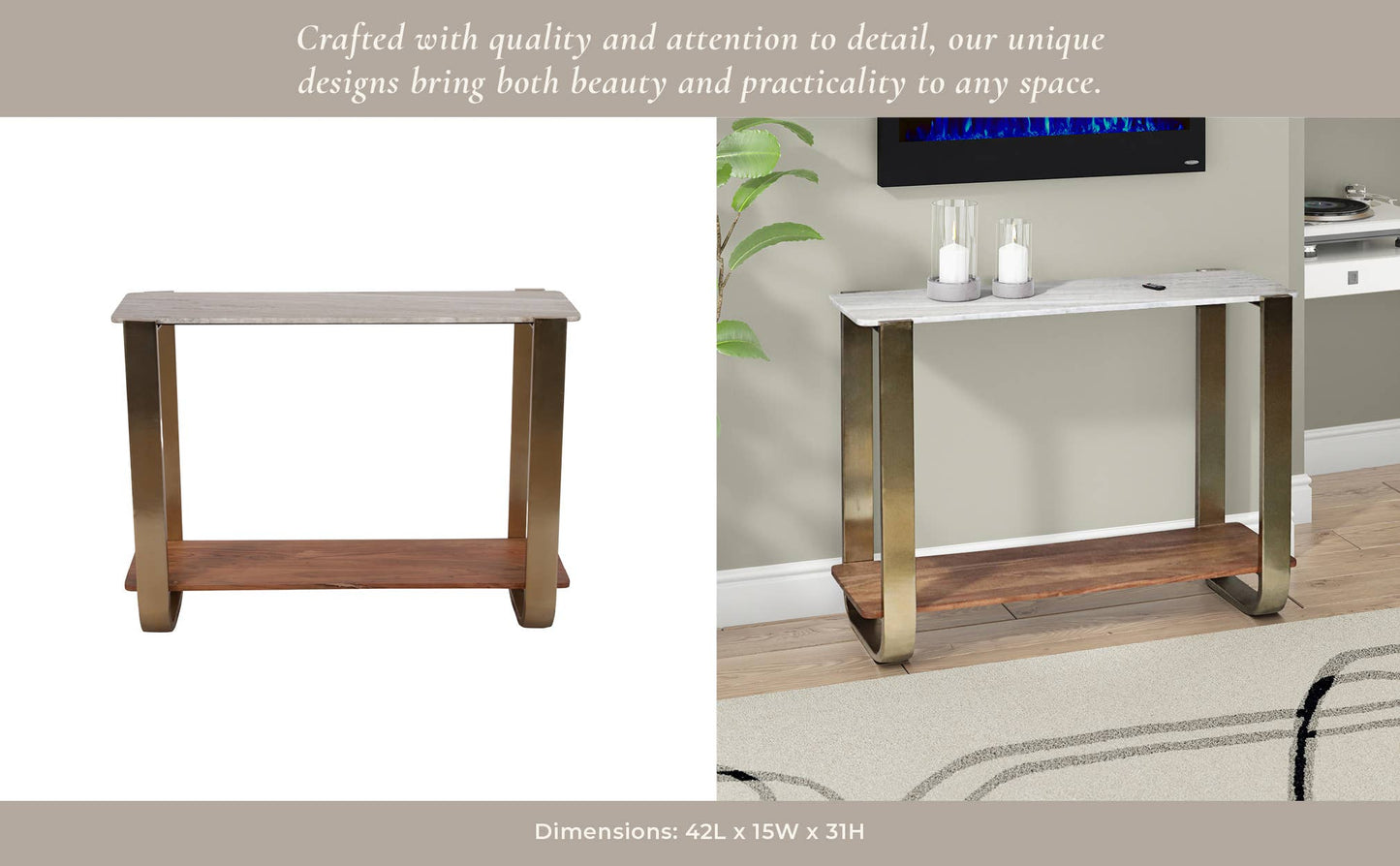 31 in. Gold Iron & Marble Top Console Table