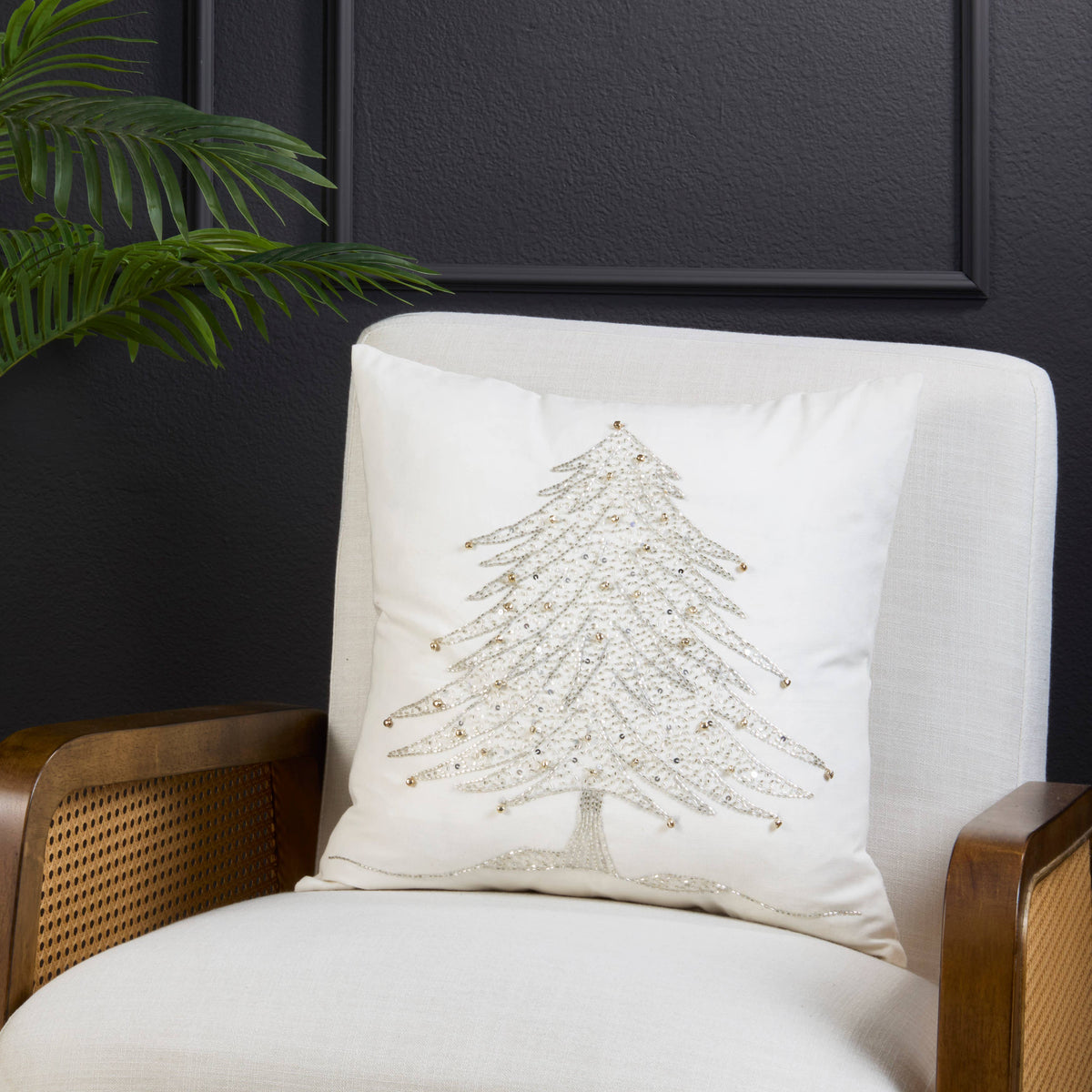 Beaded Xmas Tree Design Pillow - Down Filled