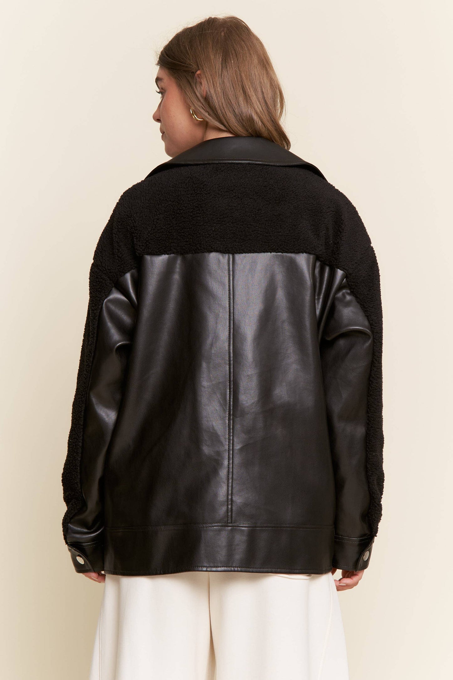 Black Faux Leather Sherpa Teddy Jacket
