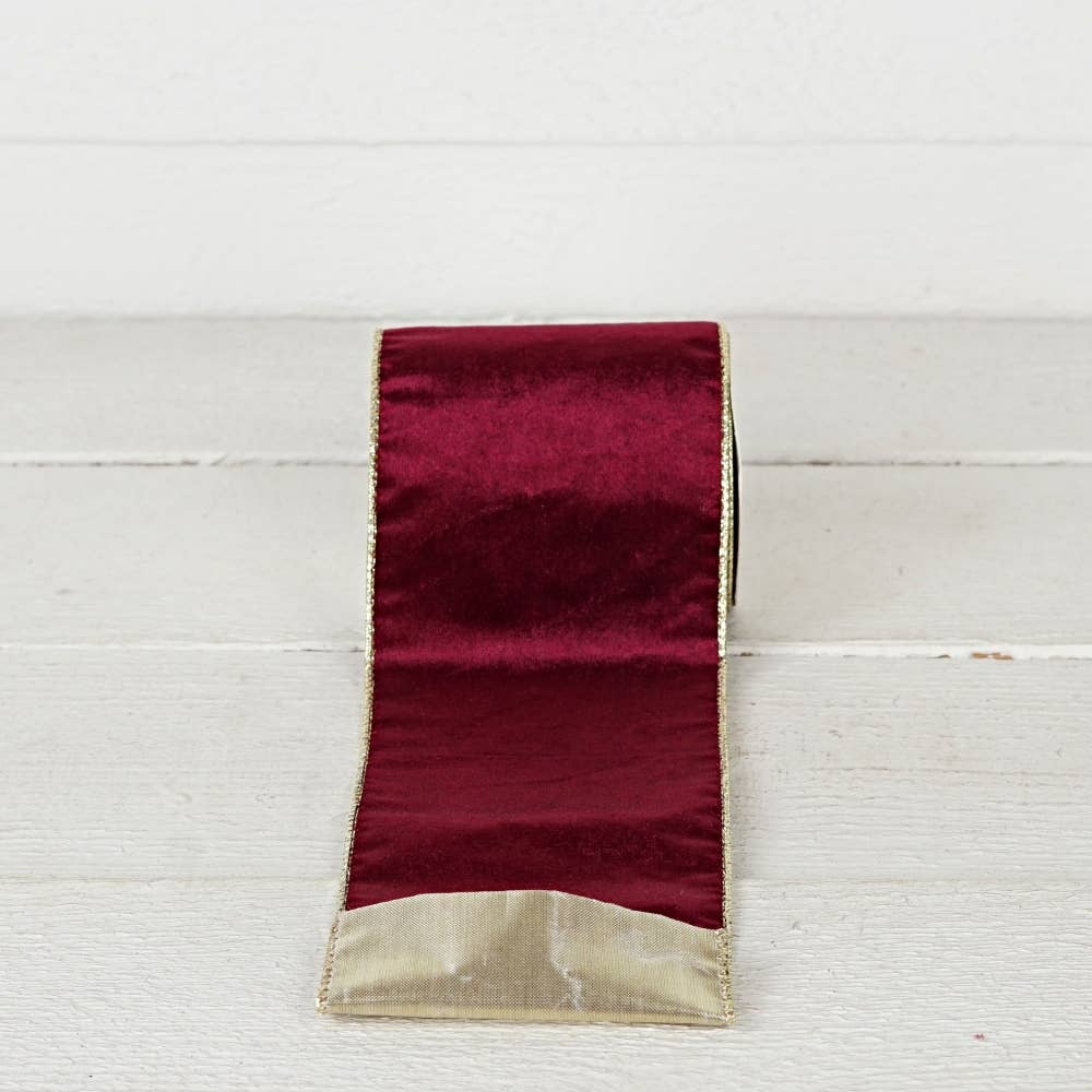 R32981-Wired Ribbon-Burgundy Velvet w. Gold back (4inW)