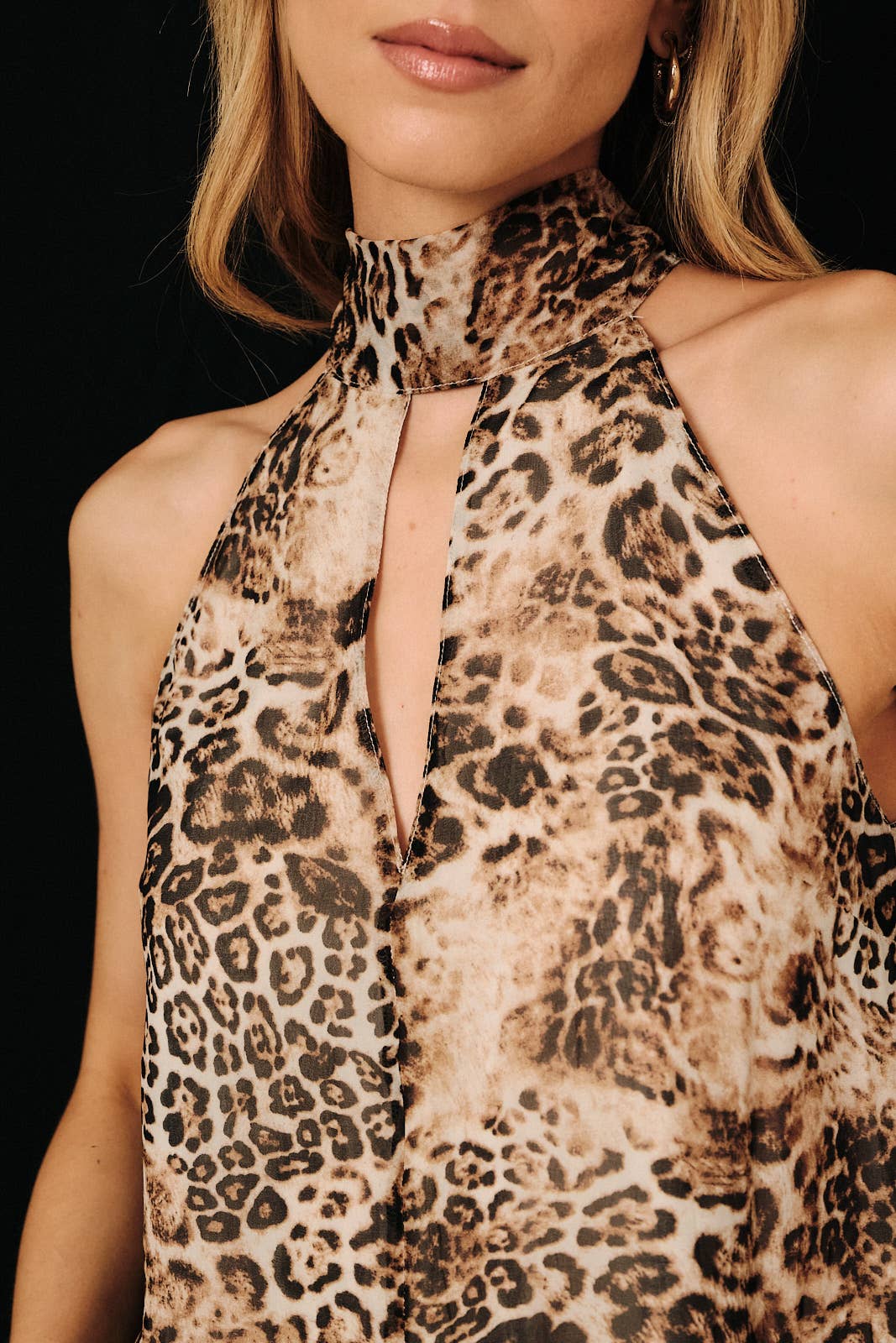 LEOPARD PRINT SLEEVELESS CHIFFON HALTER TOP WITH BACK TIE