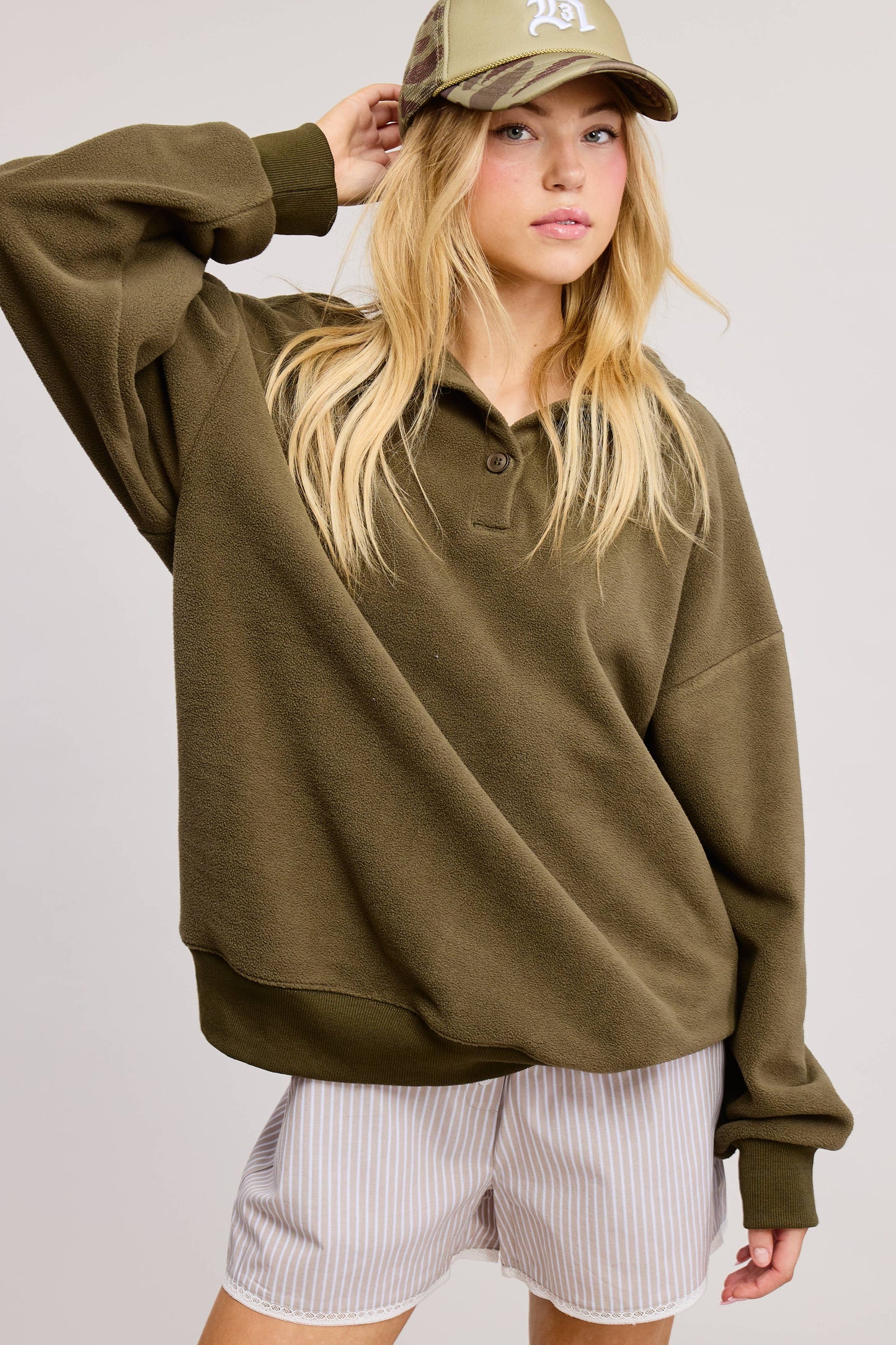 Teddy Velour Buttoned Collar Pullover Knit Sweater