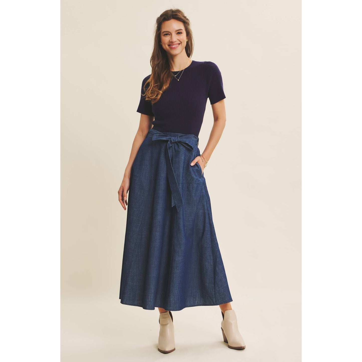 EFFORTLESS MIX OF COZY AND POLISHED TWOFER DENIM DRESS